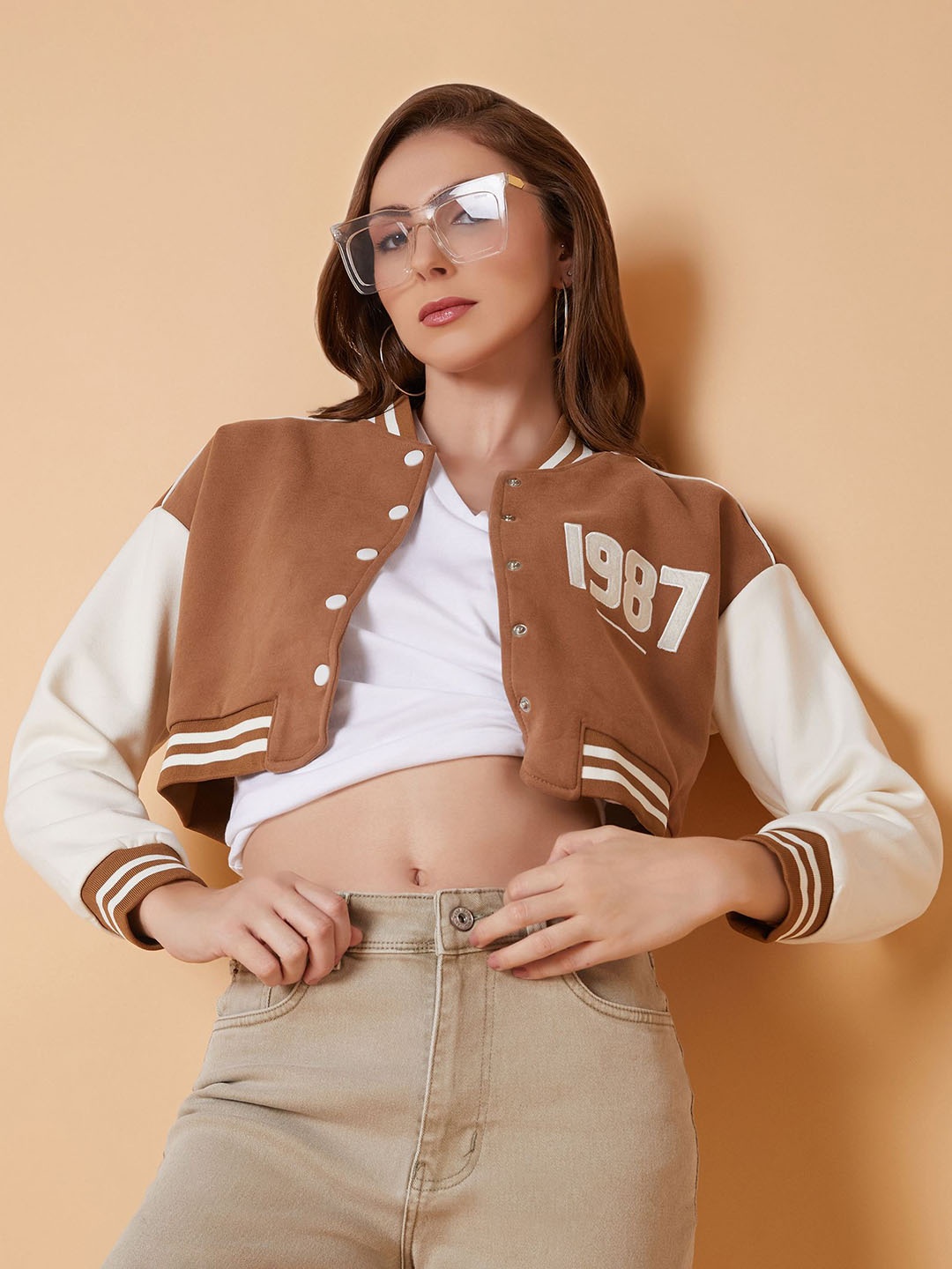 

SHOWOFF Women Windcheater Bomber with Embroidered Jacket, Brown