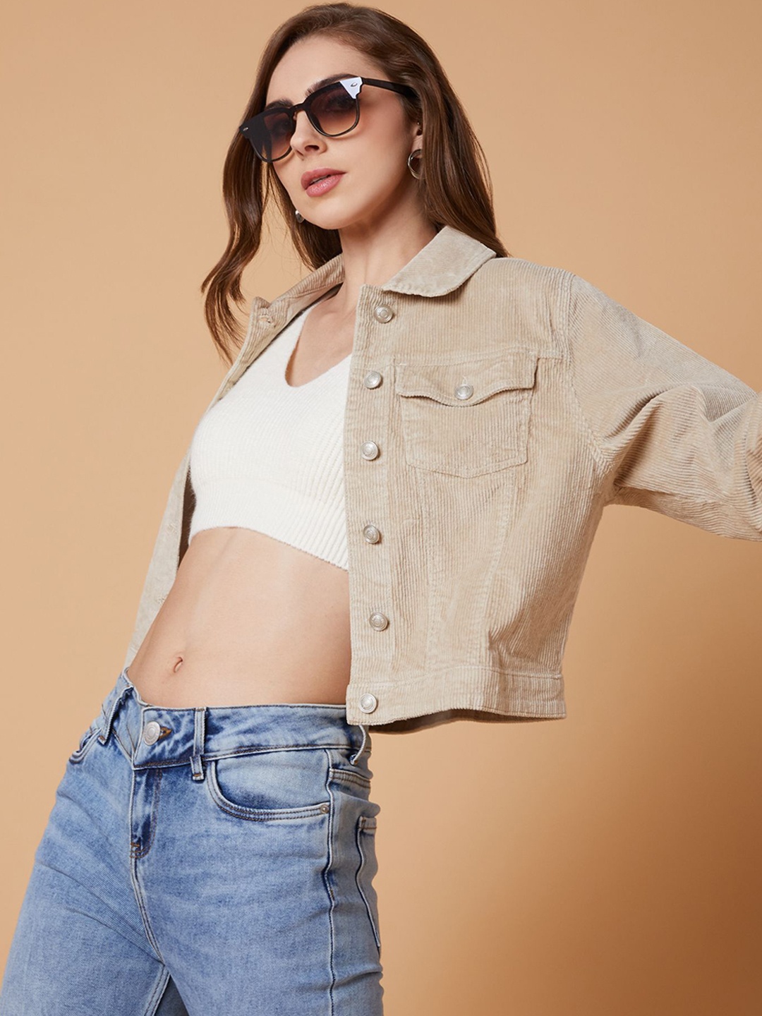 

SHOWOFF Women Washed Corduroy Windcheater and Water Resistant Crop Denim Jacket, Beige