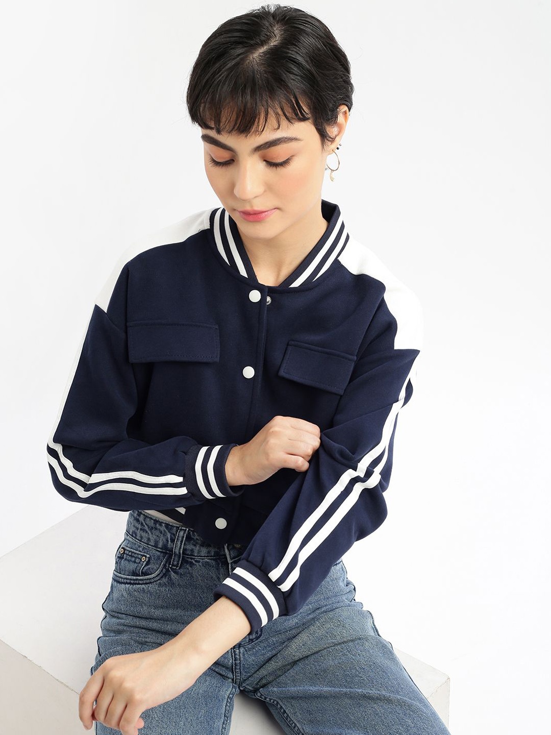 

SHOWOFF Women Striped Windcheater Crop Quilted Jacket, Navy blue