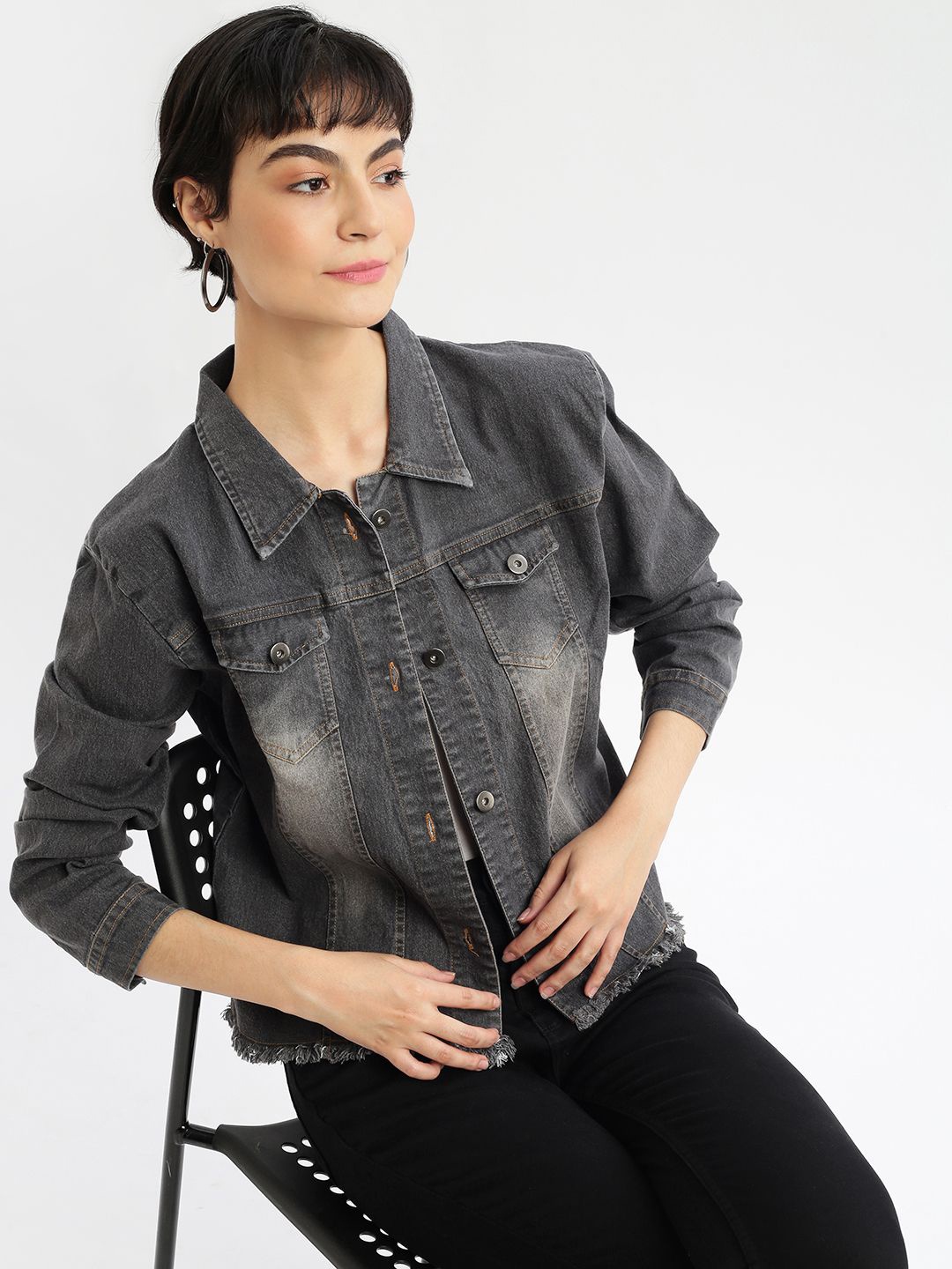 

SHOWOFF Women Washed Windcheater Crop Denim Jacket, Grey
