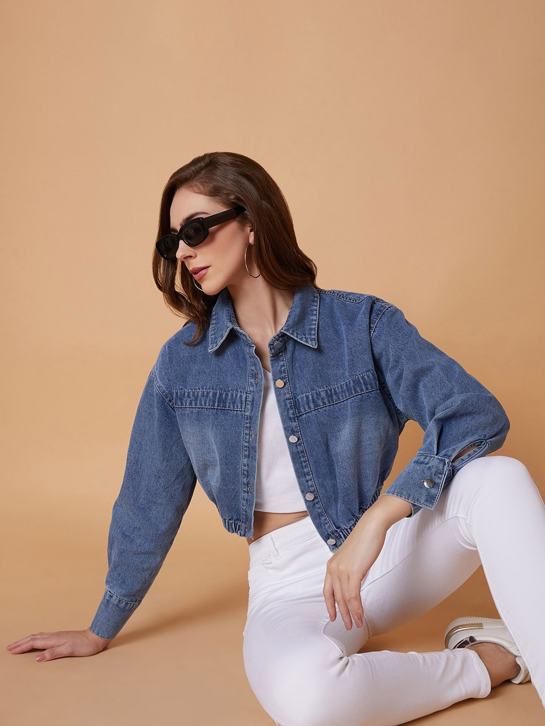 

SHOWOFF Women Washed Windcheater Crop Denim Jacket, Blue