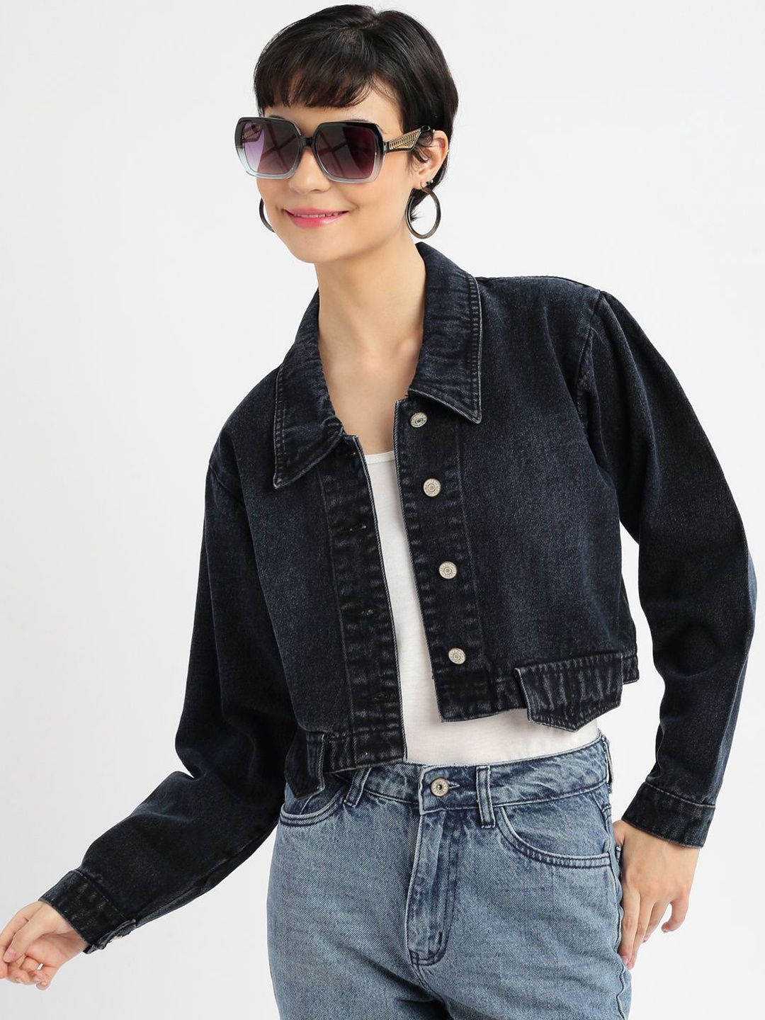 

SHOWOFF Women Washed Windcheater Crop Denim Jacket, Navy blue