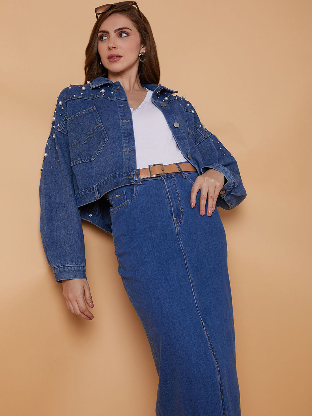 

SHOWOFF Women Windcheater Longline Denim Jacket, Blue