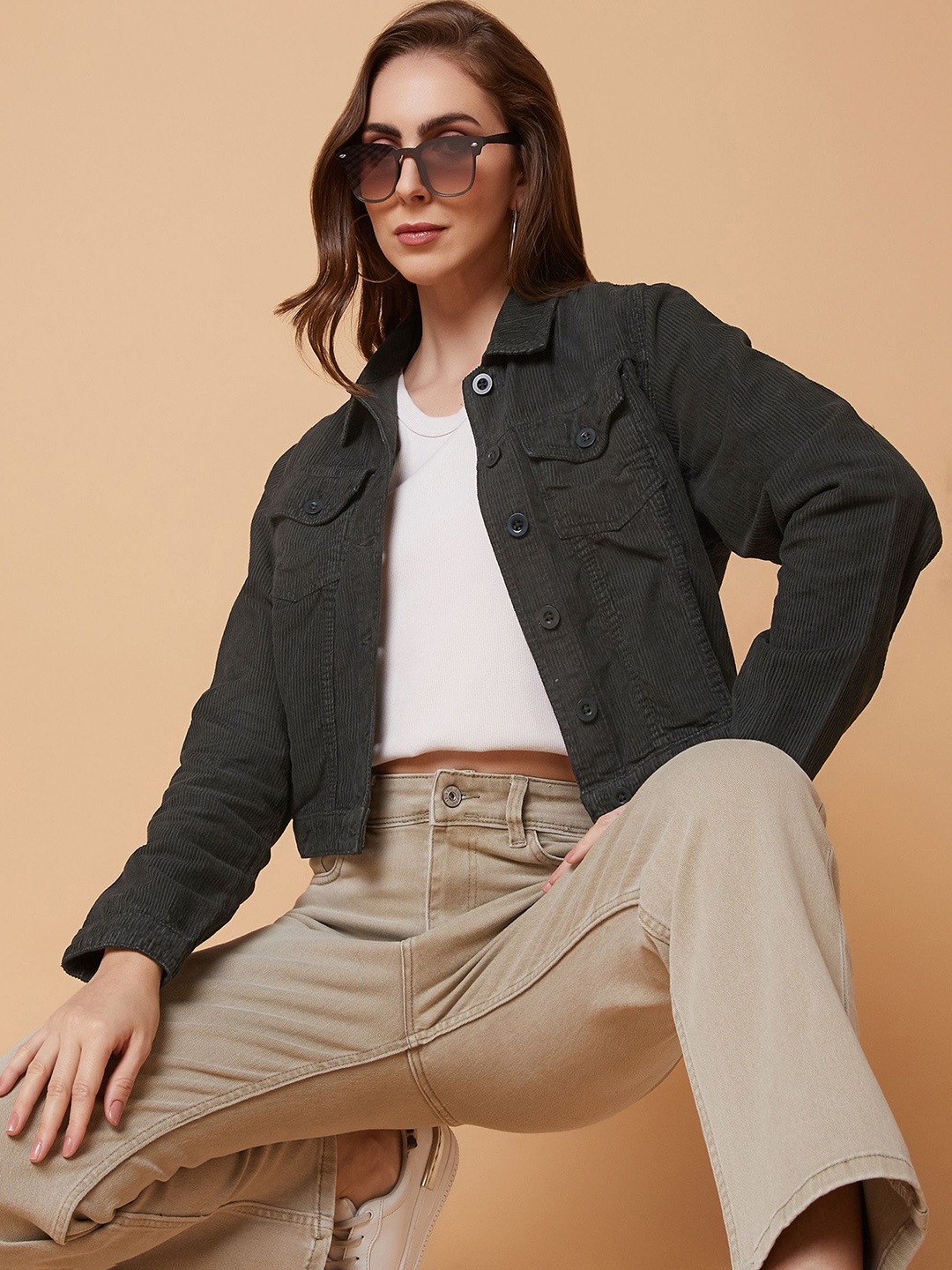 

SHOWOFF Women Striped Corduroy Windcheater Longline Tailored Jacket with Patchwork, Olive