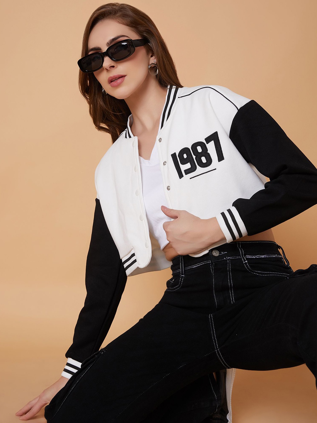 

SHOWOFF Women Colourblocked Windcheater Crop Varsity Jacket with Patchwork, White