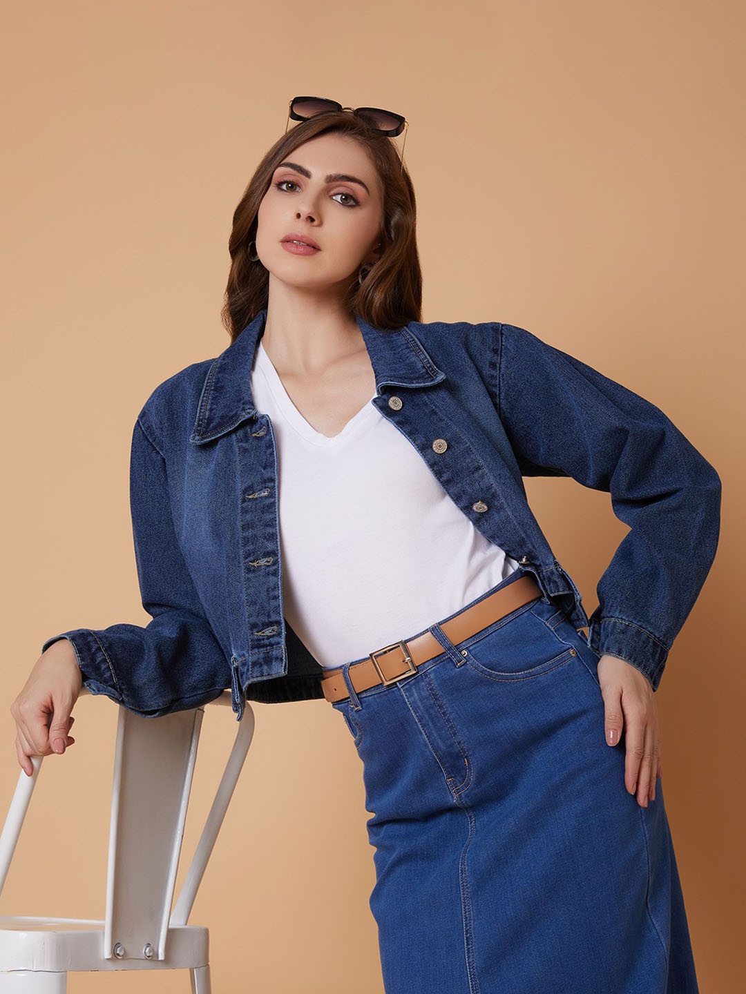

SHOWOFF Women Windcheater Longline Denim Jacket, Blue