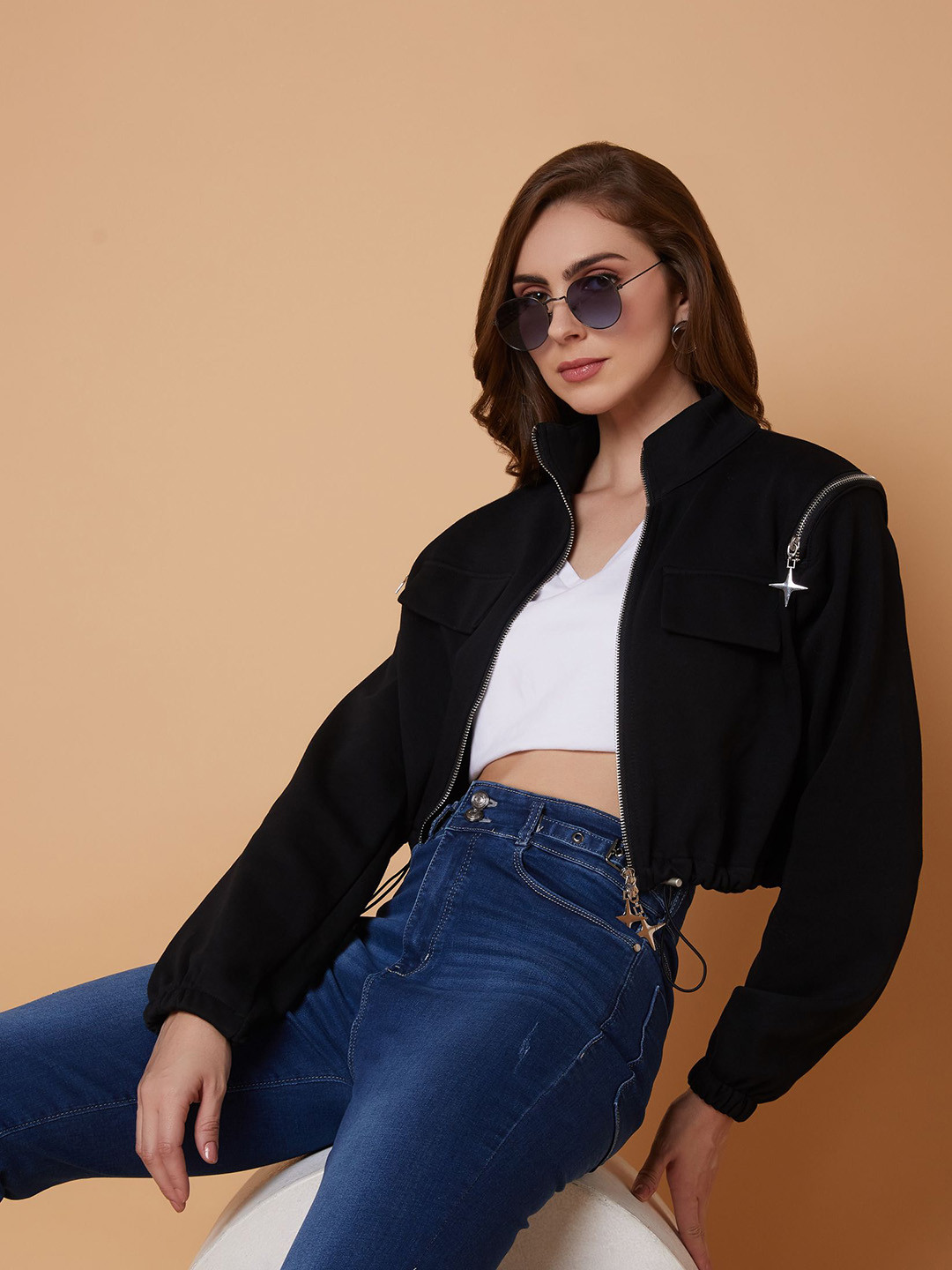 

SHOWOFF Women Windcheater Crop Denim Jacket with Embroidered, Black