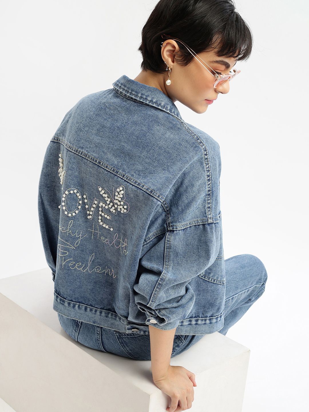 

SHOWOFF Women Washed Windcheater Longline Denim Jacket with Embroidered, Blue