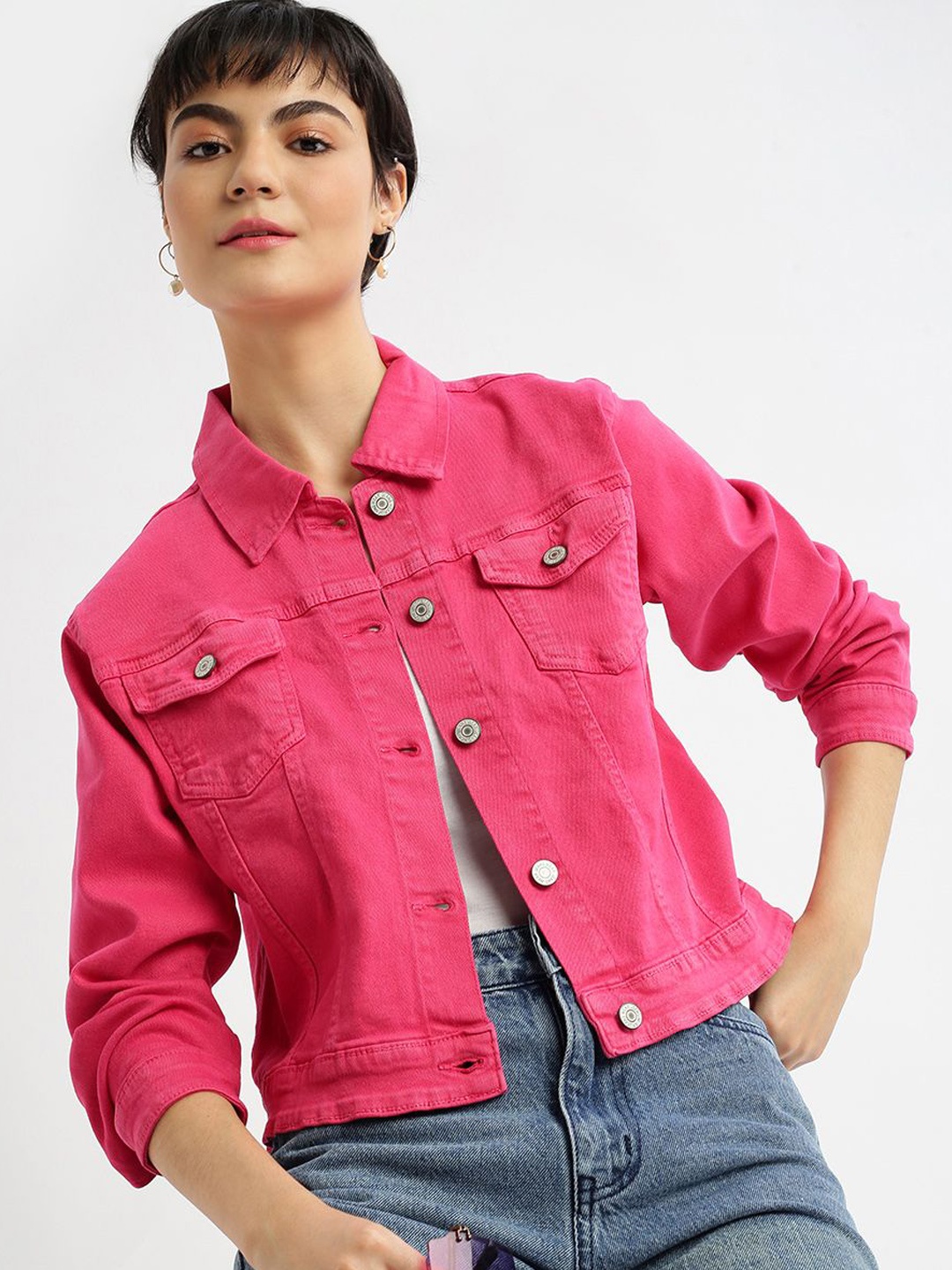 

SHOWOFF Women Washed Windcheater Crop Denim Jacket, Pink