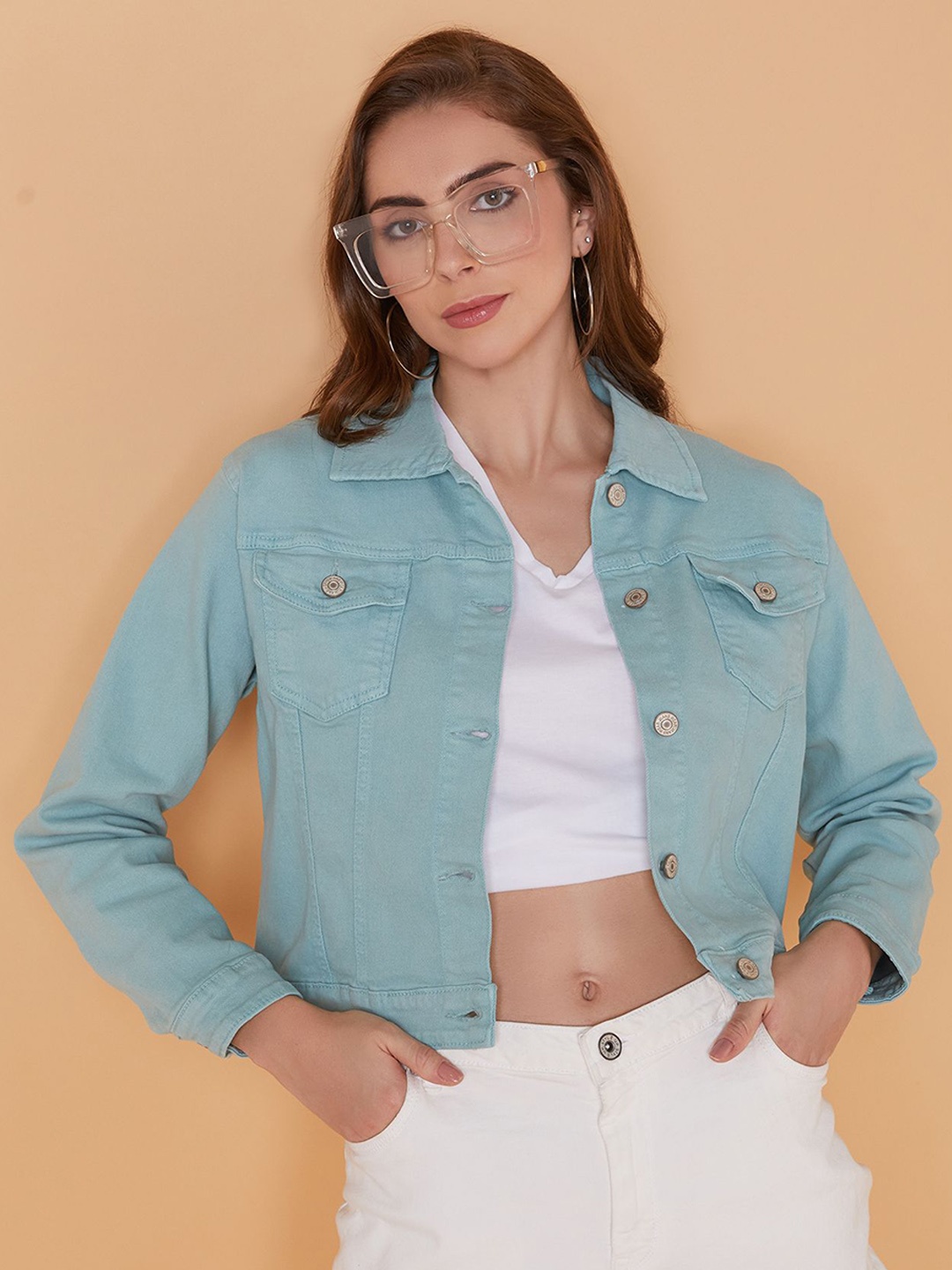 

SHOWOFF Women Washed Windcheater Crop Denim Jacket with Patchwork, Sea green