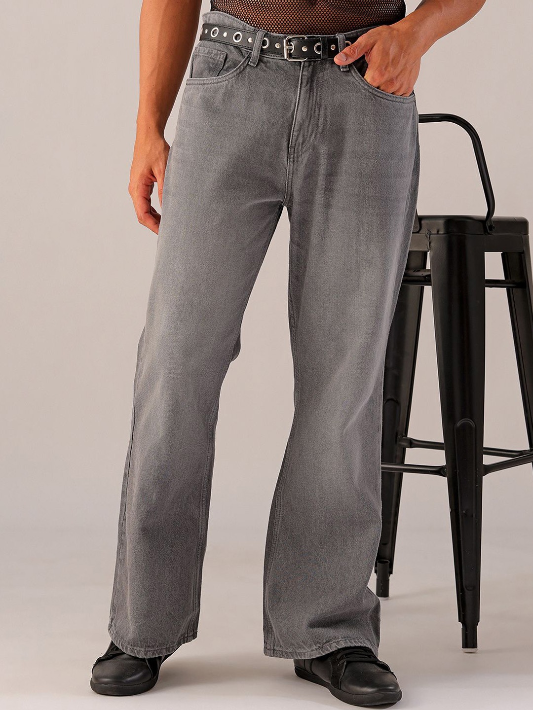 

The Indian Garage Co Men Bootcut Clean Look Pure Cotton Heavy Fade Jeans, Grey