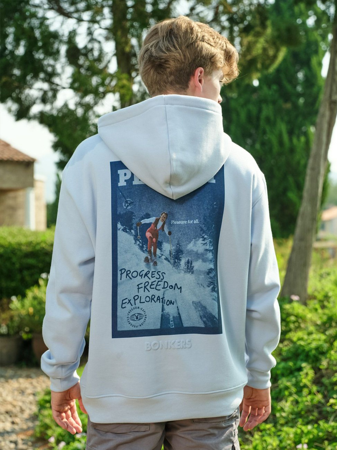 Bonkers Corner Men Printed Hooded Sweatshirt, Blue