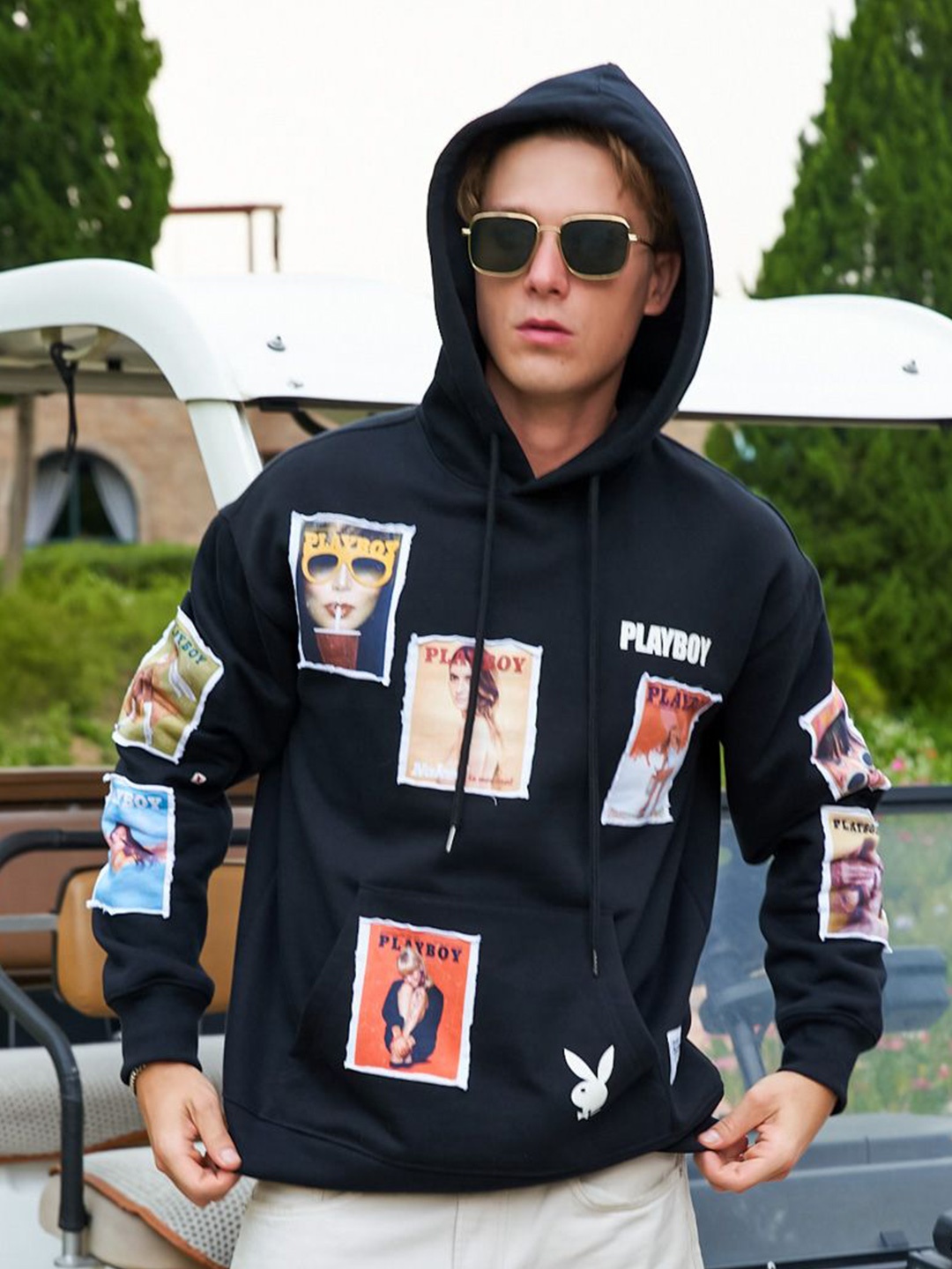Bonkers Corner Men Printed Hooded Sweatshirt, Black