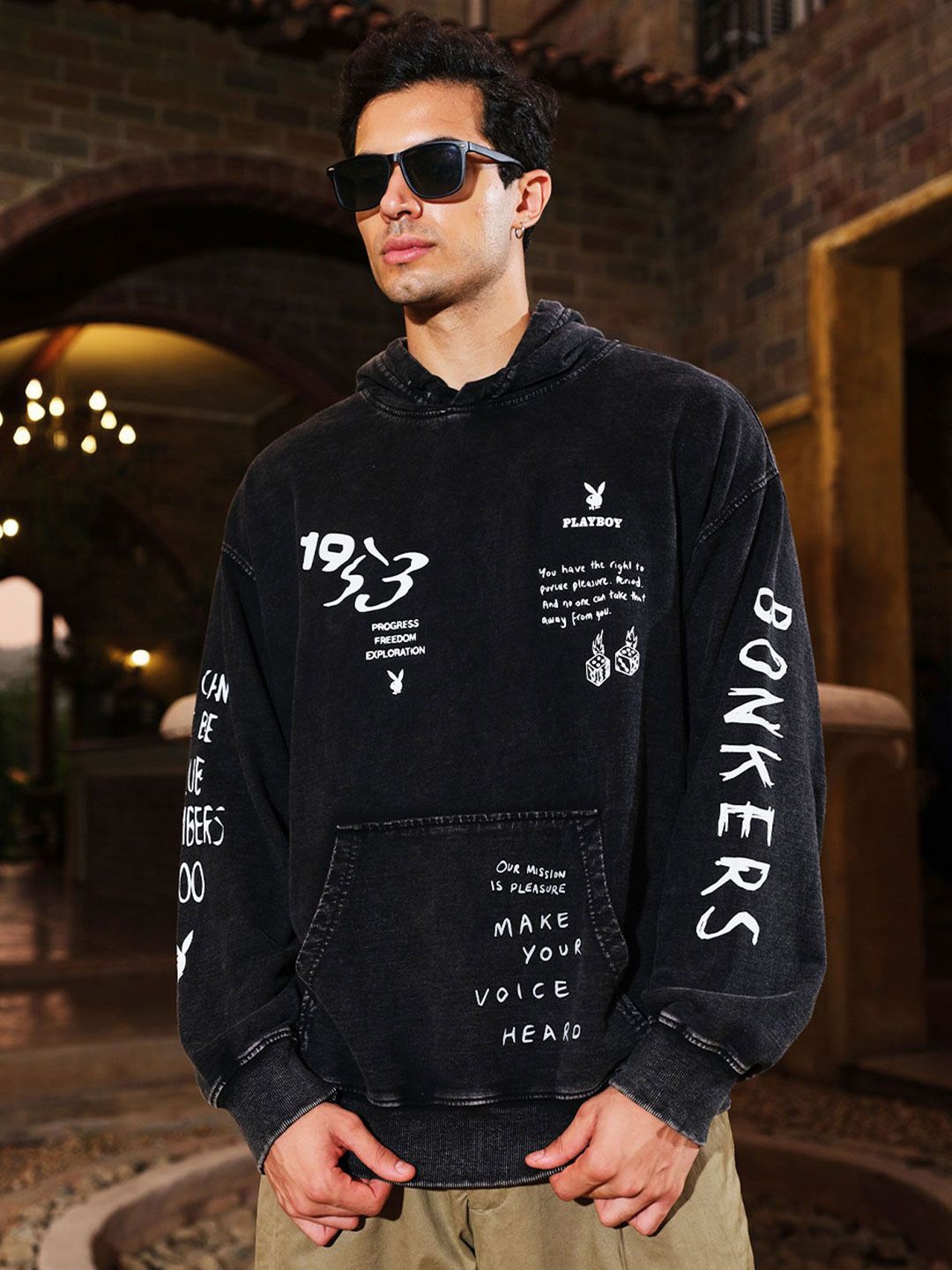 

Bonkers Corner Men Printed Hooded Sweatshirt, Black