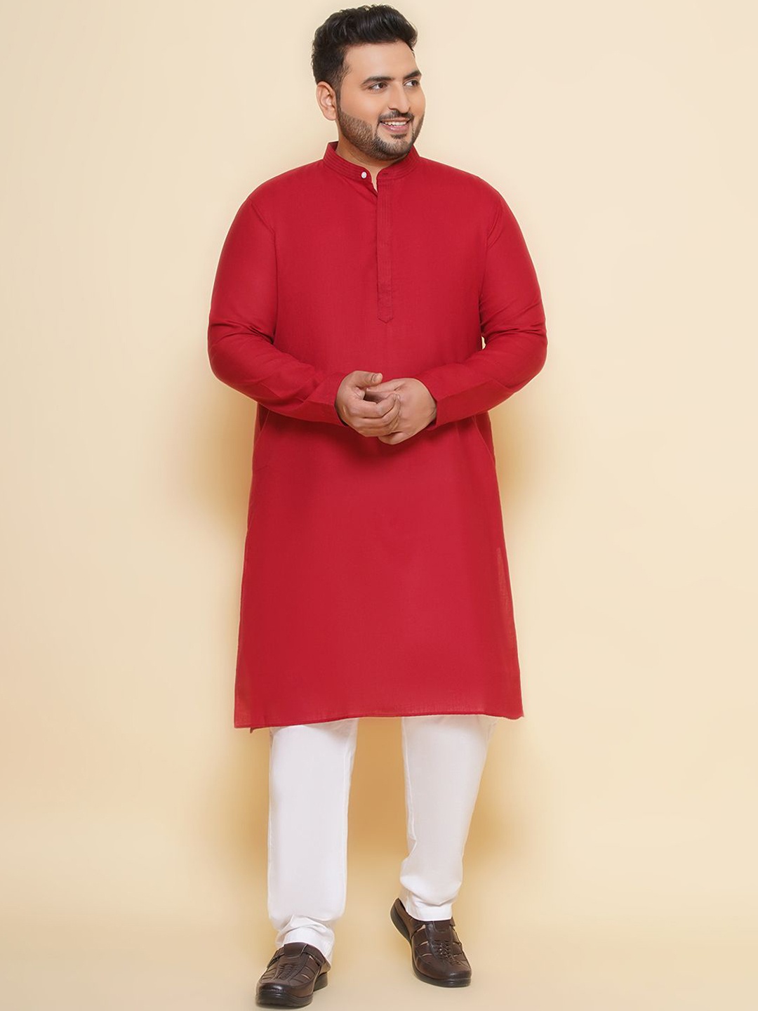 

John Pride Plus Size Band Collar Straight Kurta With Pyjamas, Red