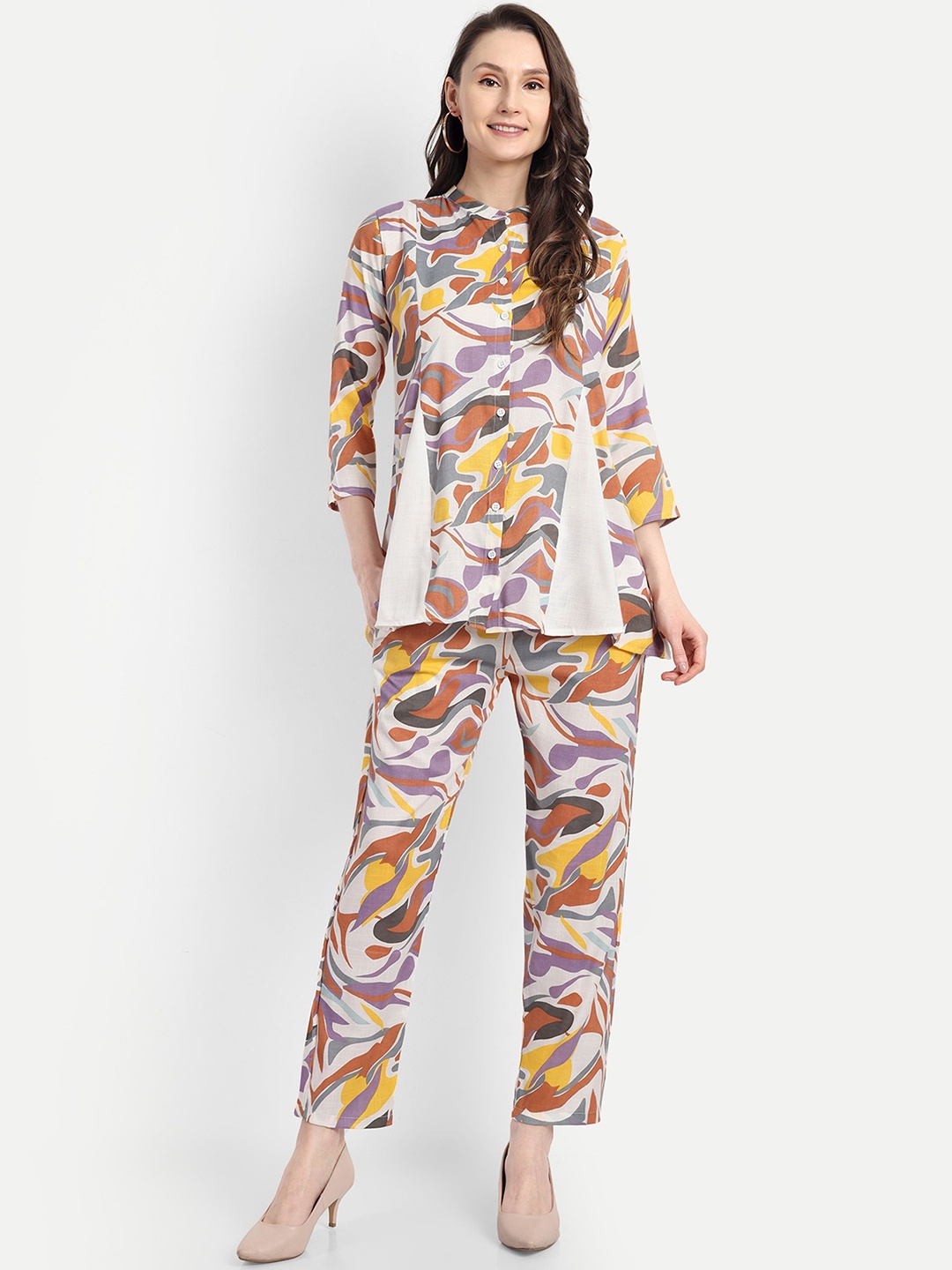 

FNOCKS Abstract Printed Mandarin Collar Organic Cotton Tunic And Trouser, Purple