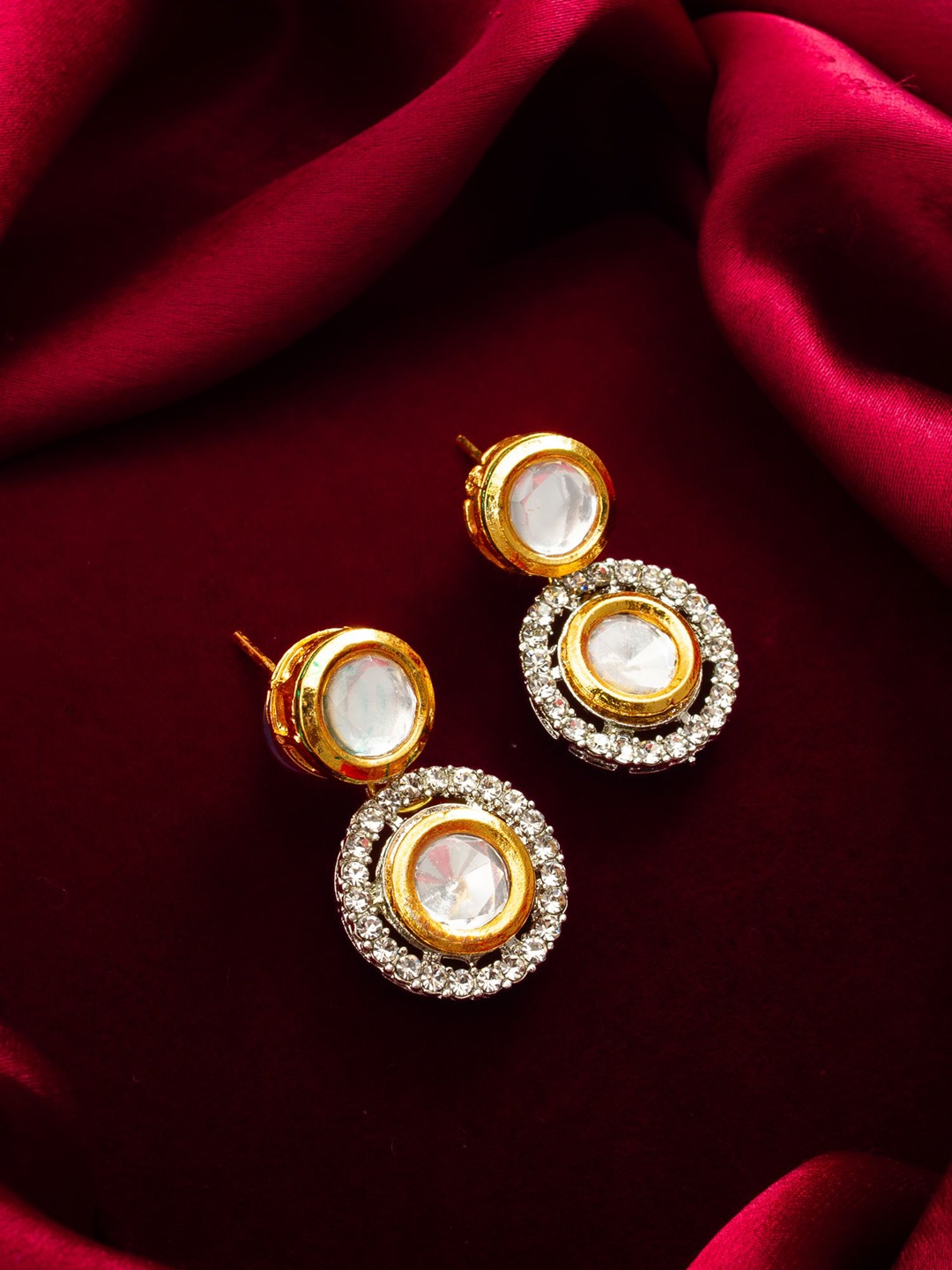 

aadita Gold-Plated Geometric Kundan and American Diamond Drop Earrings