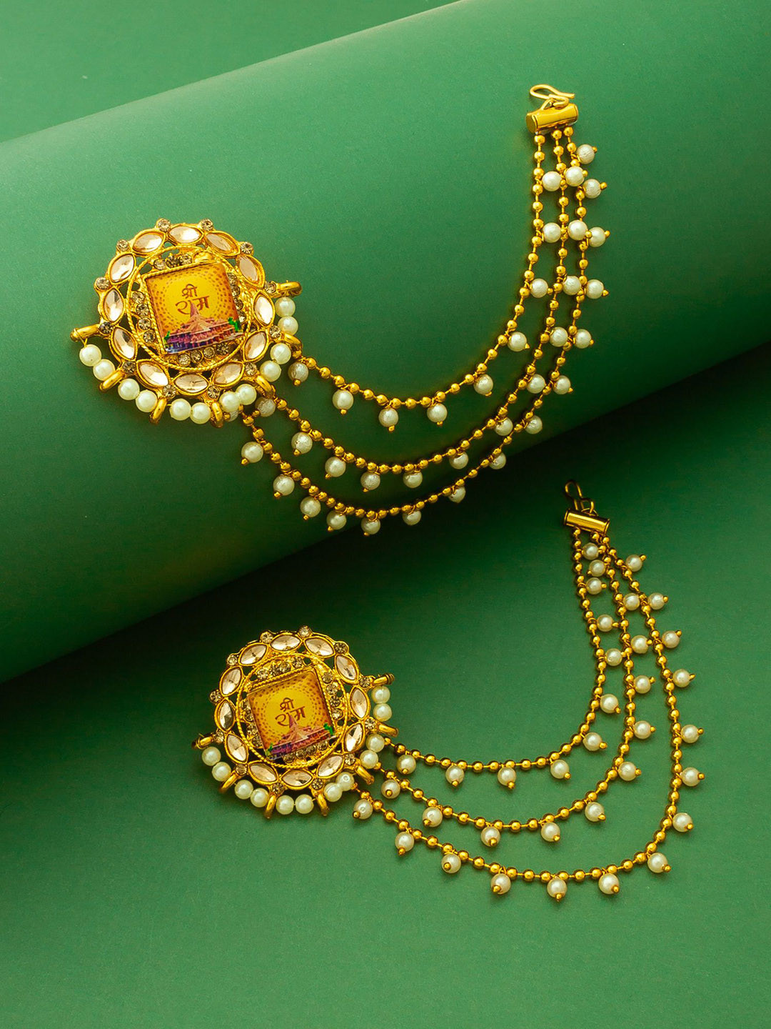 

aadita Gold-Plated Stones Studded & Beaded Circular Studs Earrings With Hair Chains