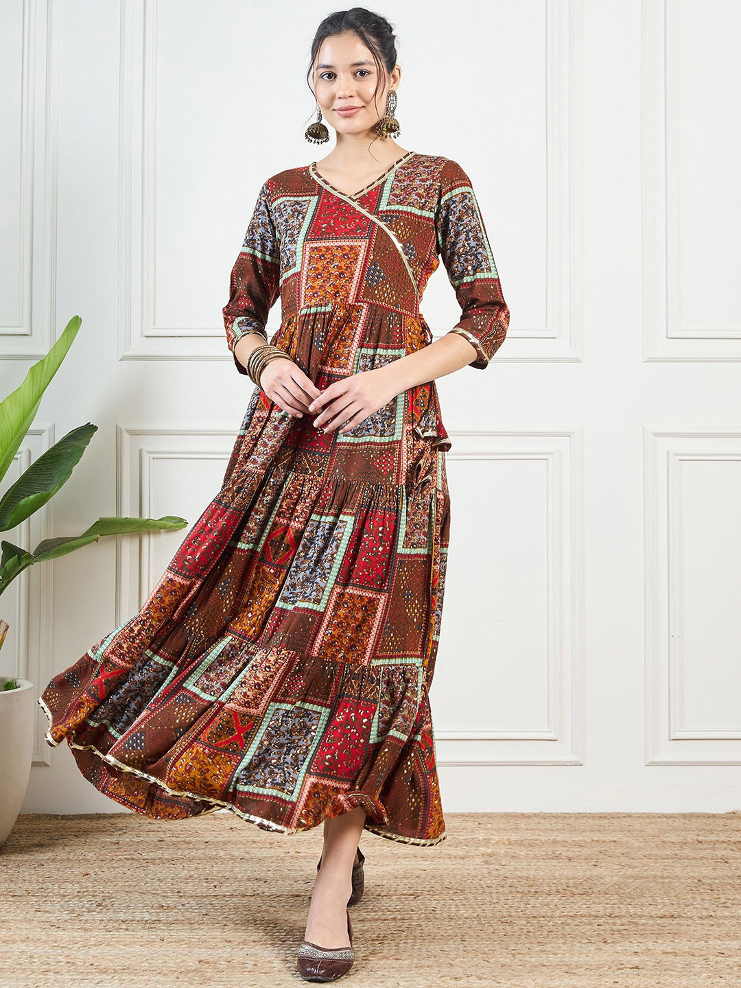 

KALINI Ethnic Motifs Printed V-Neck Gotta Patti Detail Angrakha Anarkali Kurta, Coffee brown