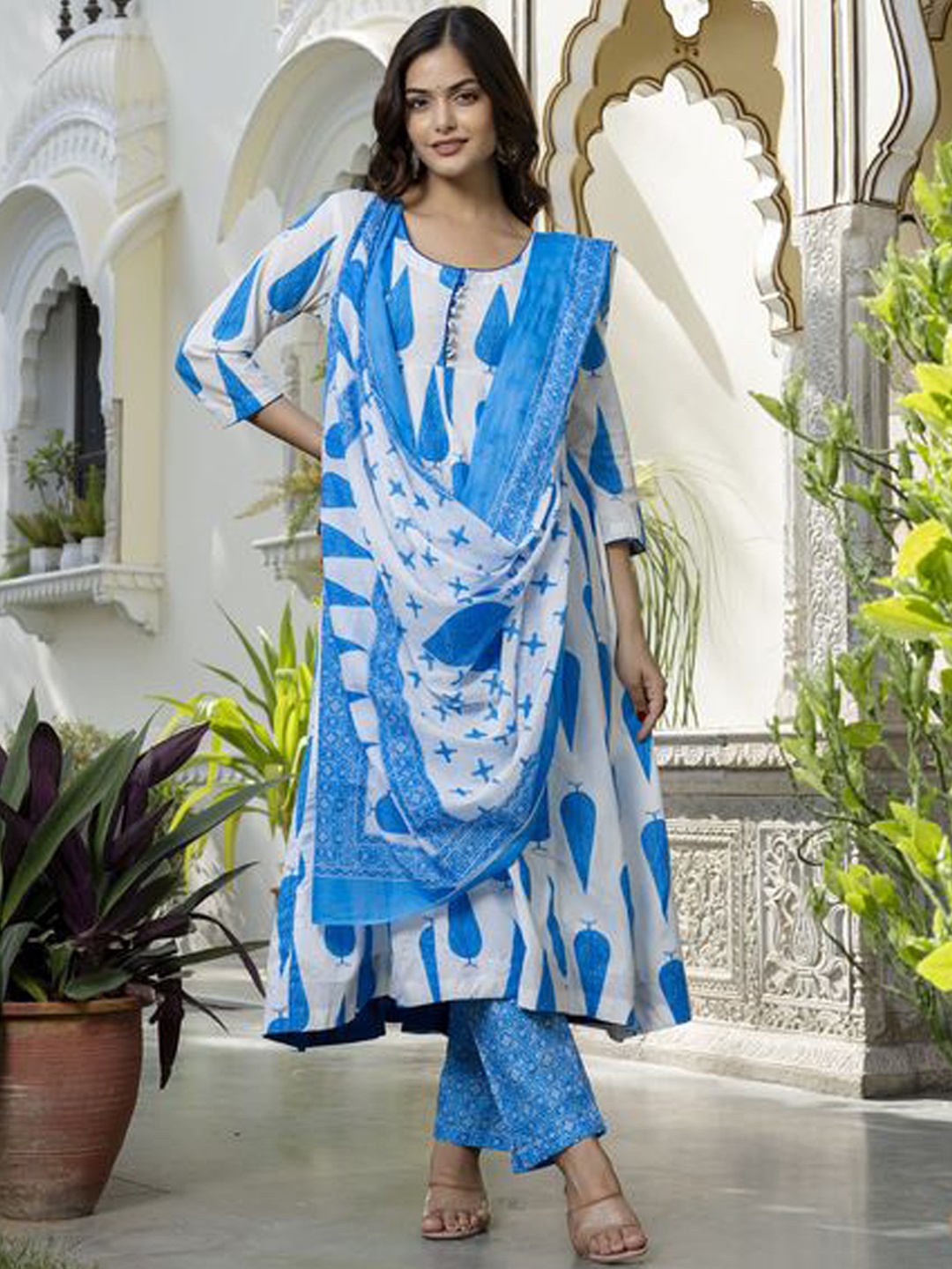 

KALINI Floral Printed Pure Cotton Anarkali Kurta with Palazzos & Dupatta, Turquoise blue