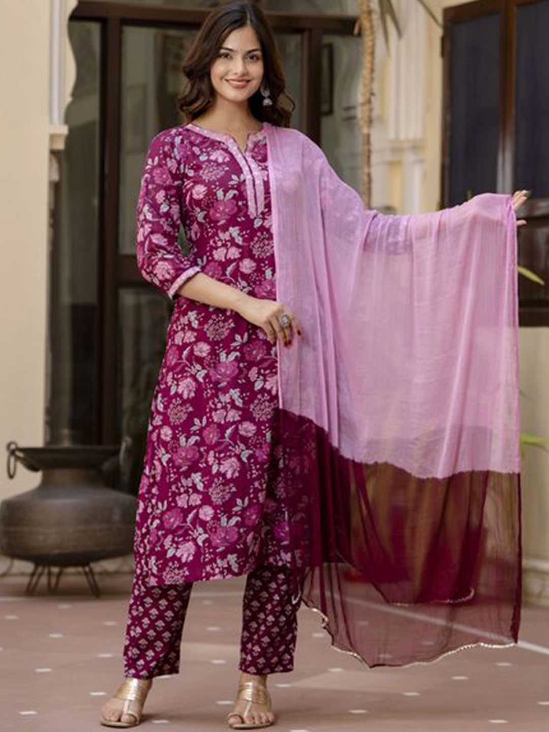 

KALINI Floral Printed Thread Work Pure Cotton Kurta with Trousers & Dupatta, Purple