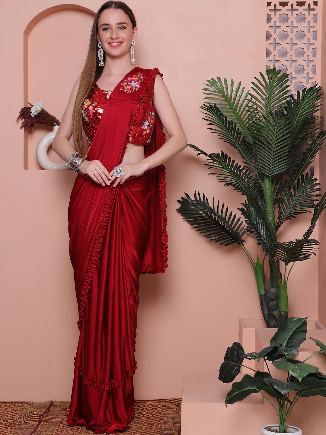 

Mitera Sequinned Ready to Wear Saree, Maroon
