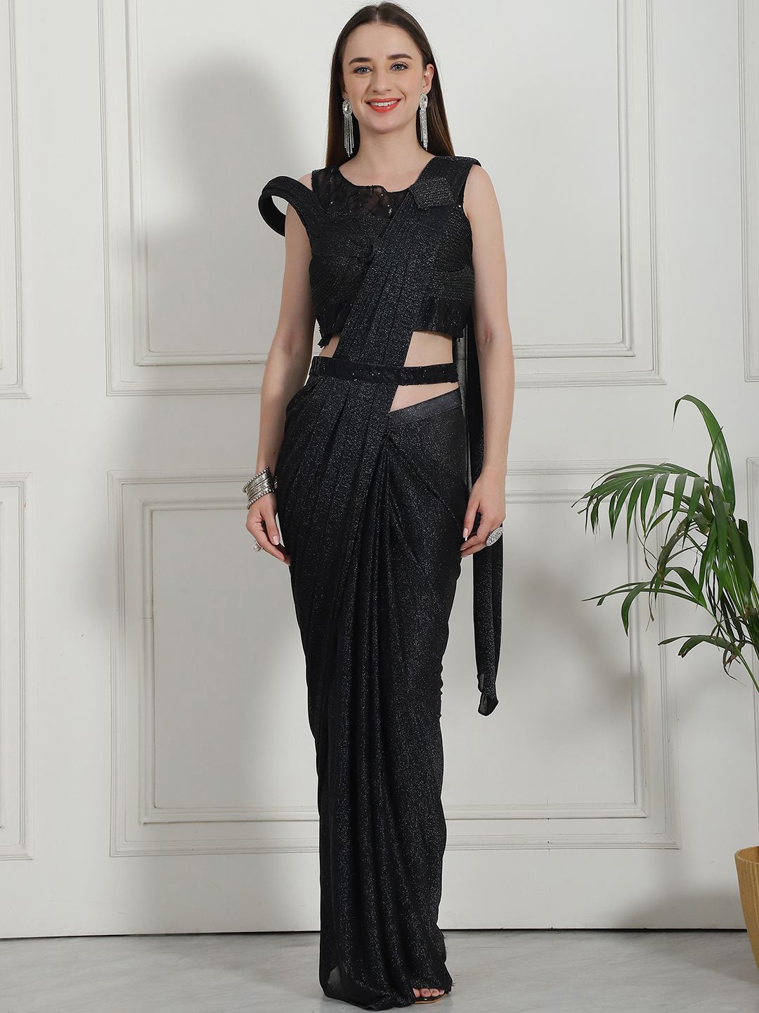 

Mitera Embellished Belted Saree, Black