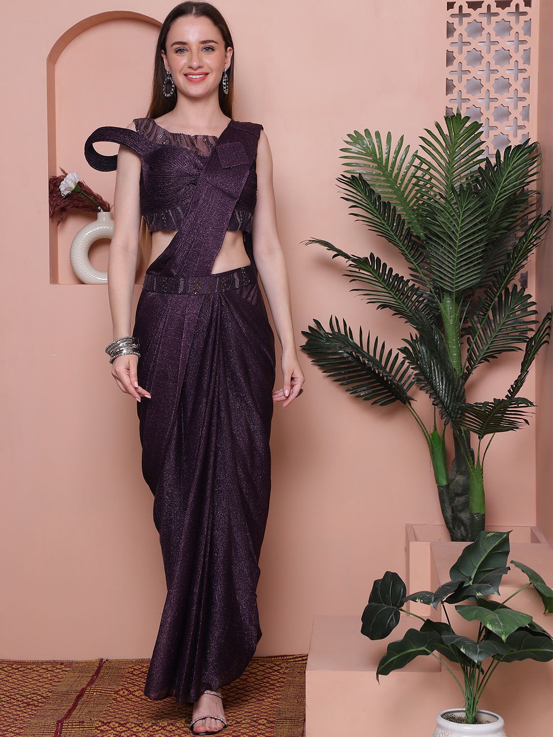 

Mitera Embellished Sequinned Ready to Wear Saree, Purple
