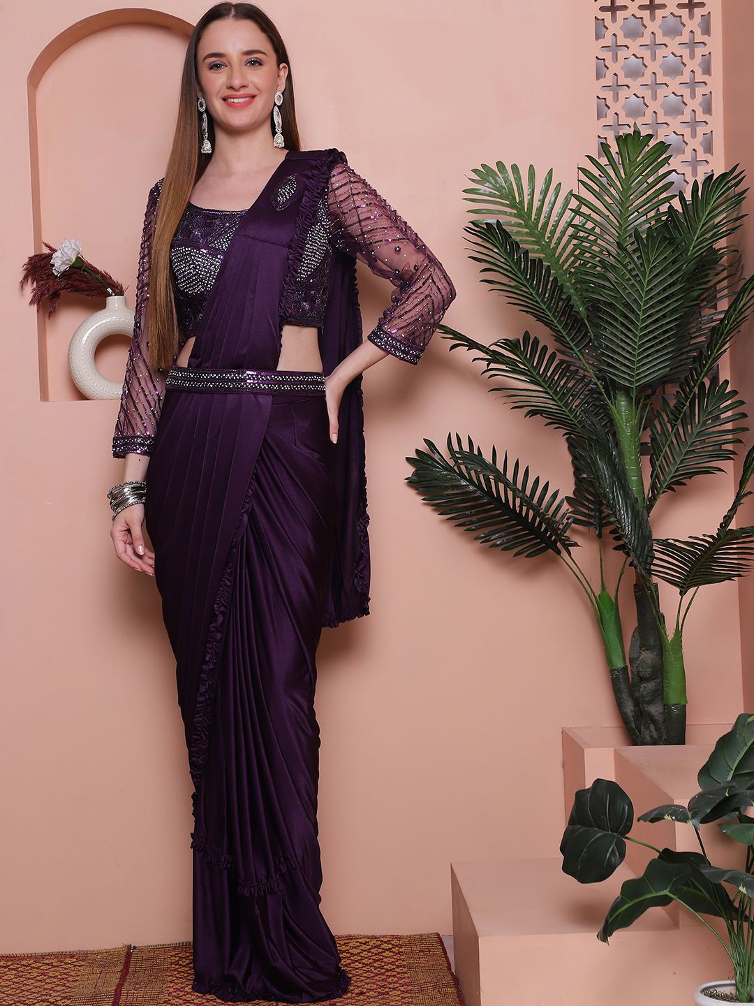 

Mitera Ready to Wear Solid Saree, Purple