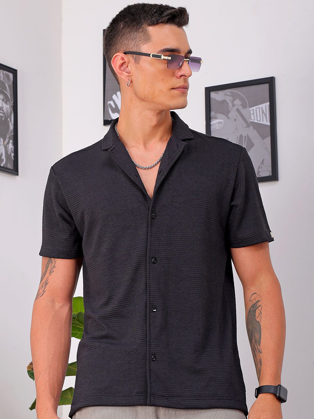 

The Indian Garage Co Men Slim Fit Textured Terry Knit Resortwear Shirt, Black