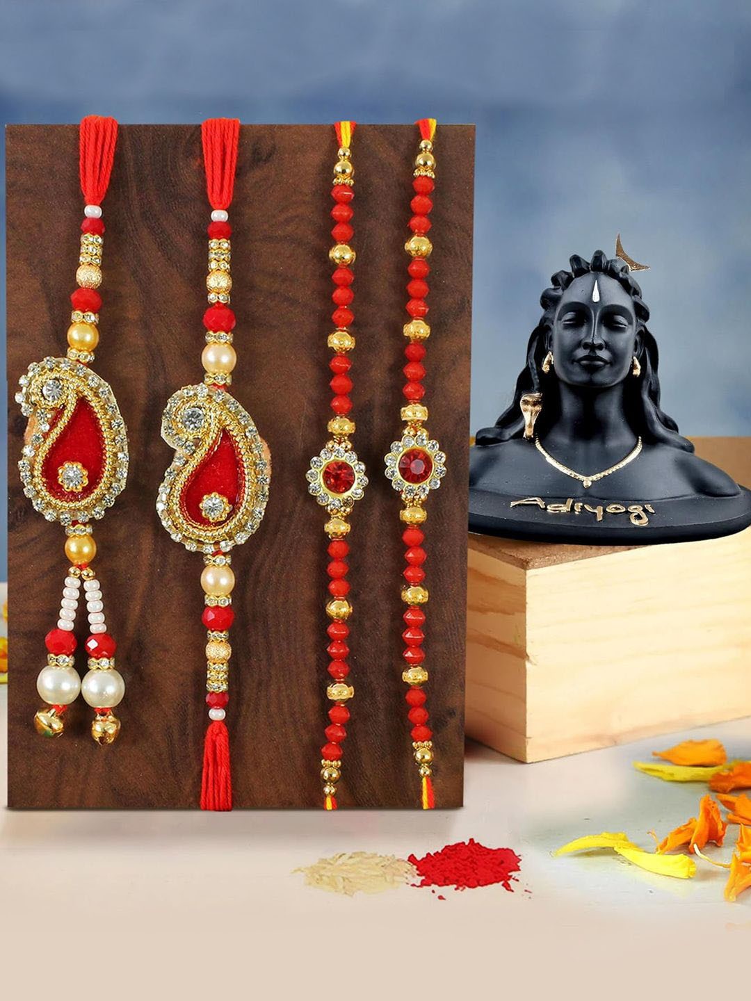 

TIED RIBBONS Set Of 5 Family Rakhi Gift Set With Adiyogi Statue, Red