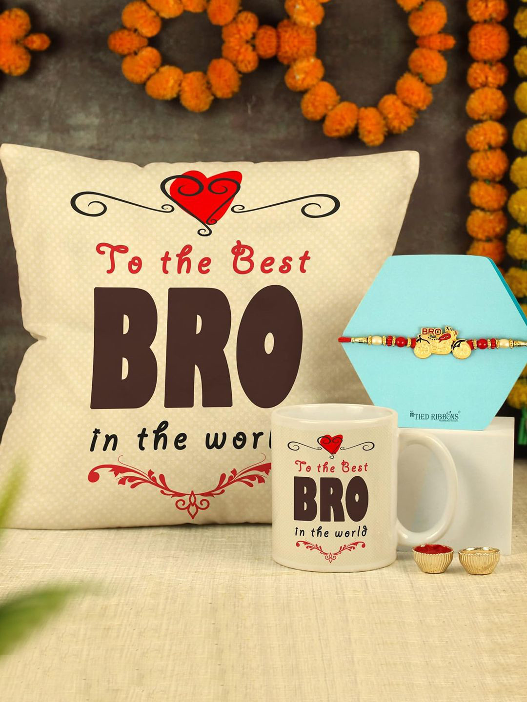 

TIED RIBBONS Bro Rakhi Gift Set With Cushion & Mug, Red