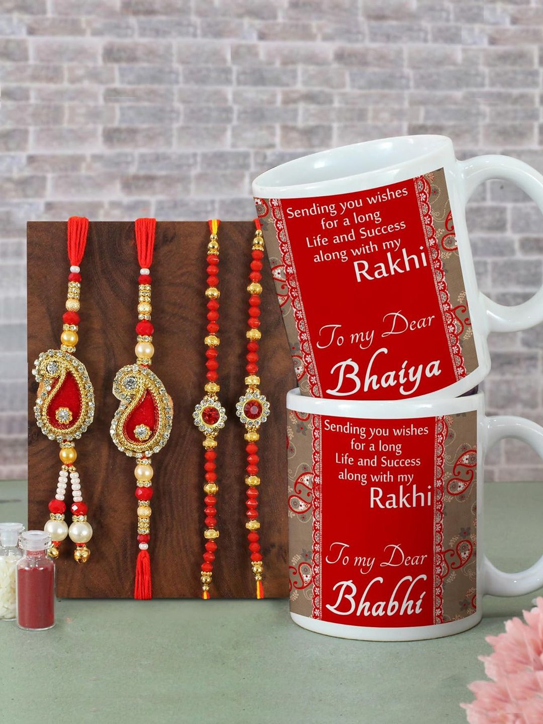 

TIED RIBBONS Set of 4 Thread Rakhis With Mugs Gift Set, Red