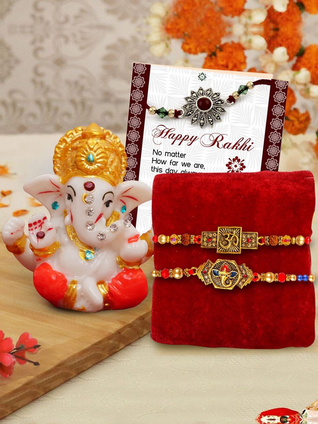 

TIED RIBBONS Set of 2 Rakhis With Idol Gift, Gold