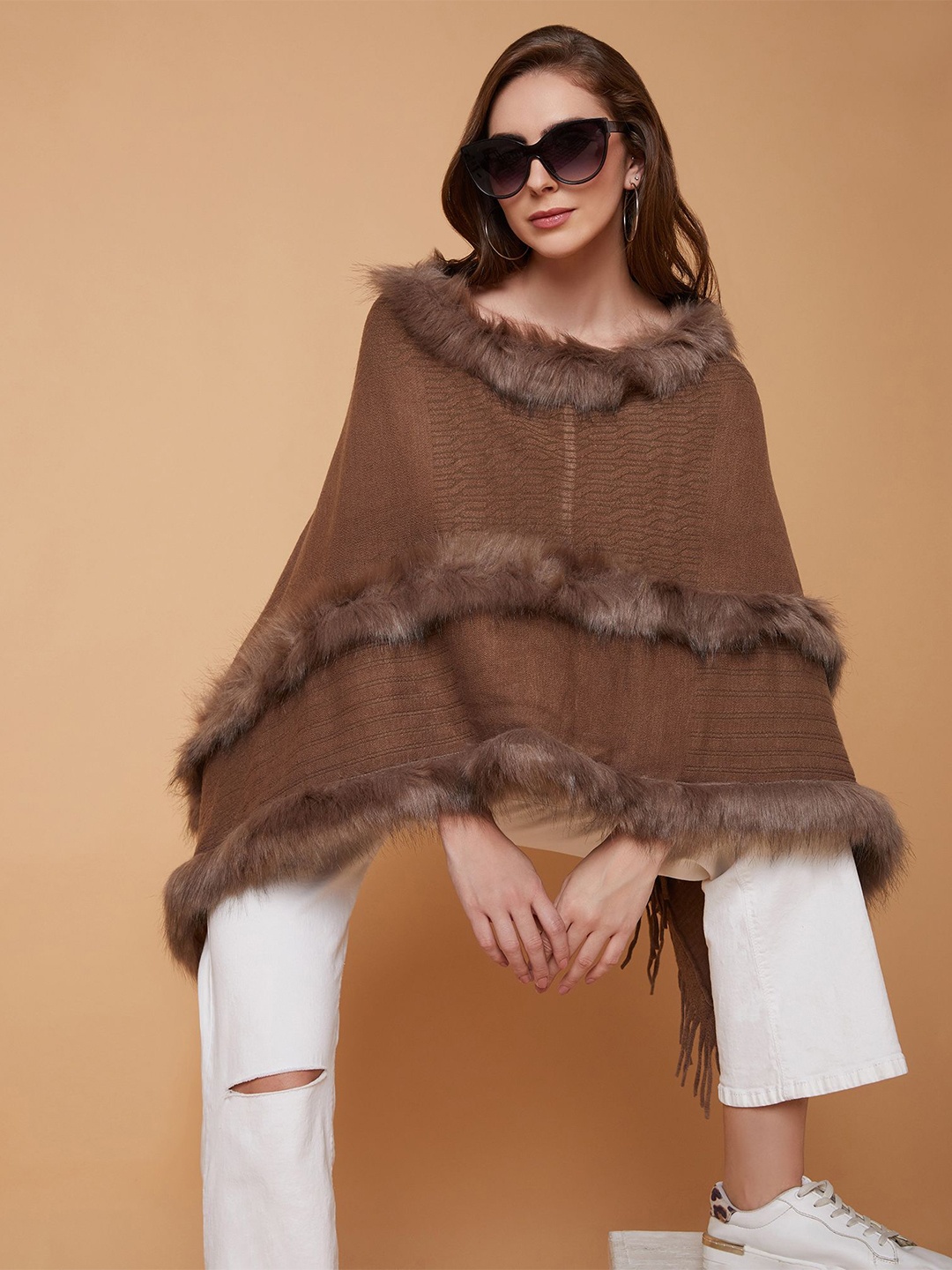 

SHOWOFF Women Longline Poncho with Fuzzy Detail, Brown