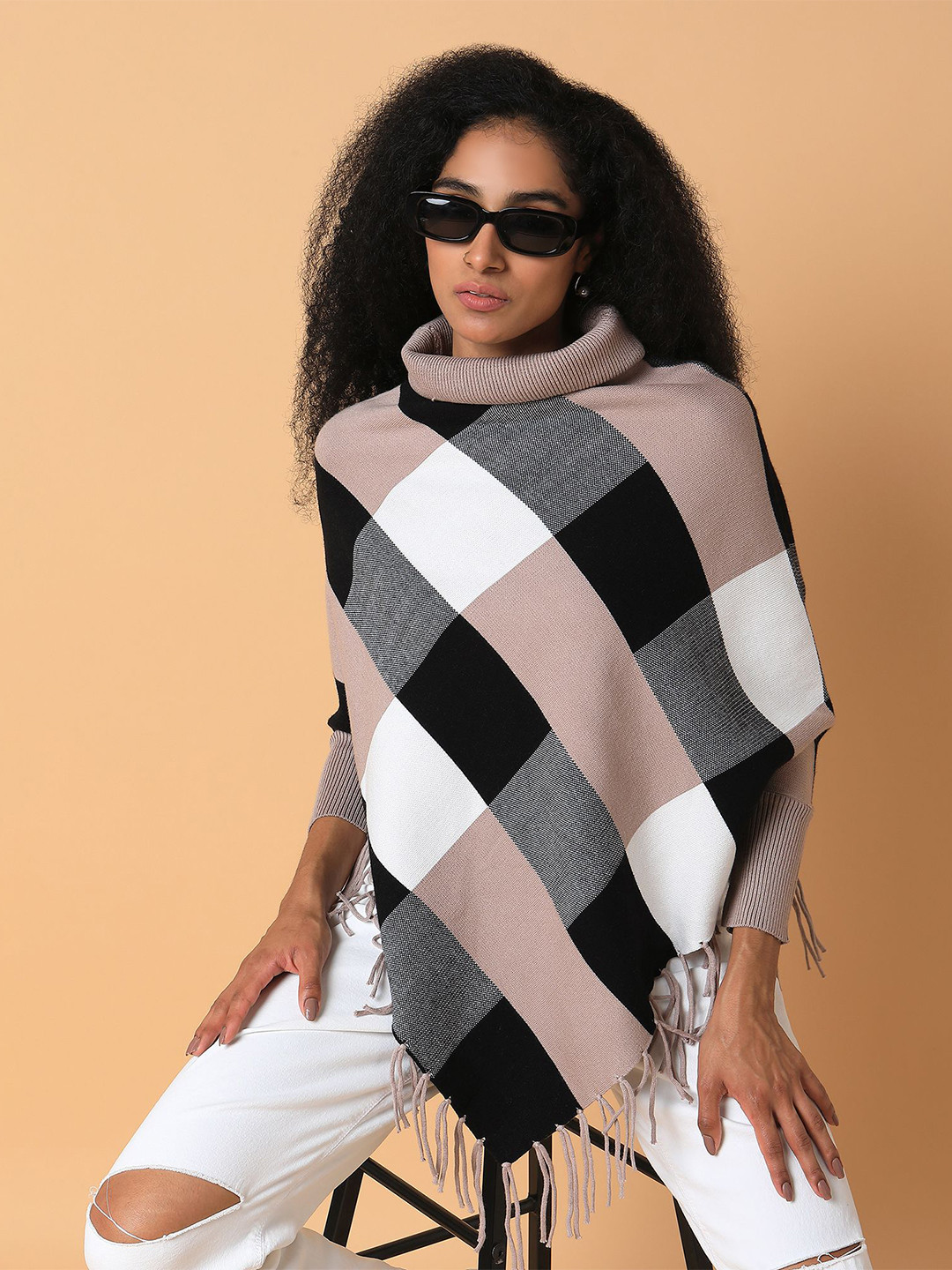 

SHOWOFF Women Checked Longline Poncho with Fringed Detail, Beige