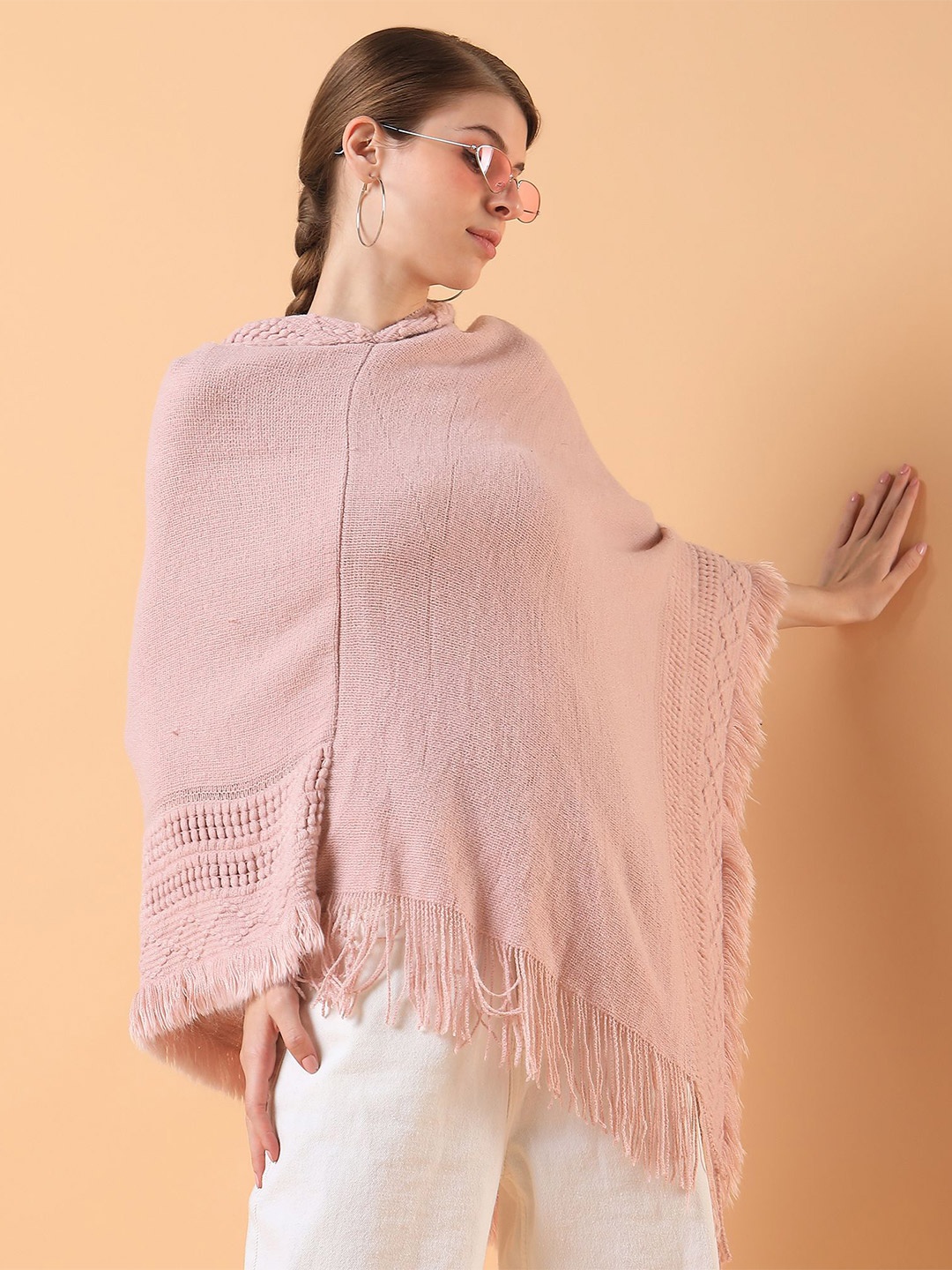 

SHOWOFF Women Cable Knit Longline Poncho with Fringed Detail, Peach