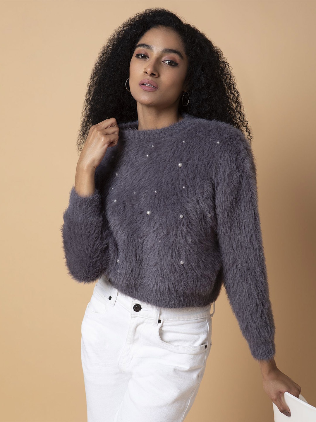 

SHOWOFF Women Pullover with Fuzzy Detail, Grey