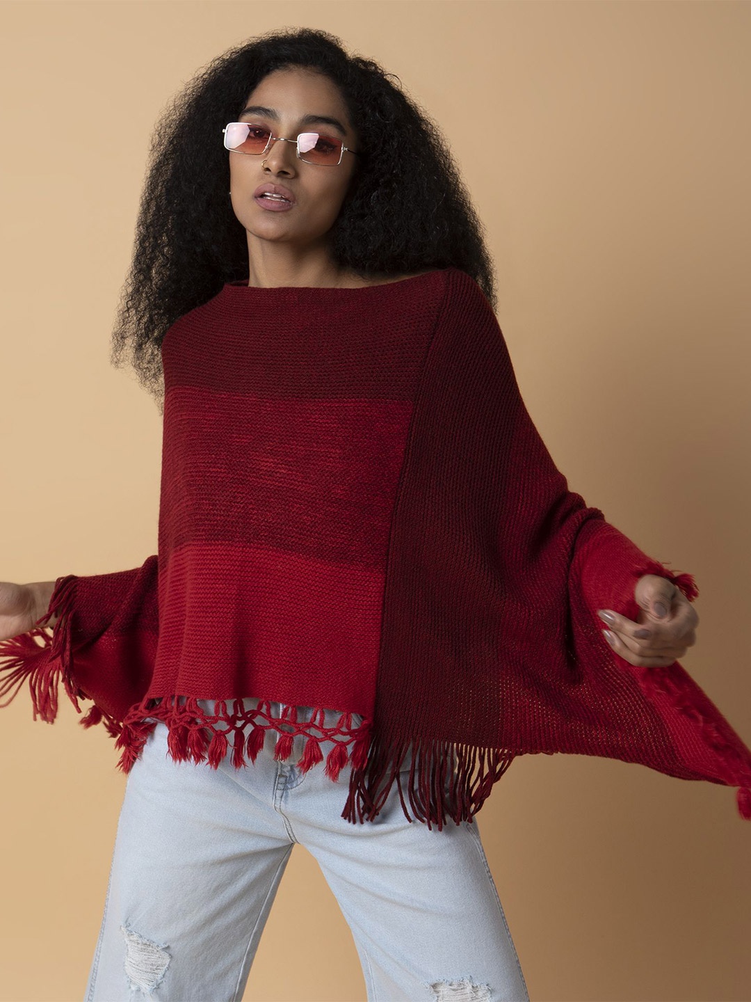 

SHOWOFF Women Colourblocked Longline Poncho with Fringed Detail, Maroon