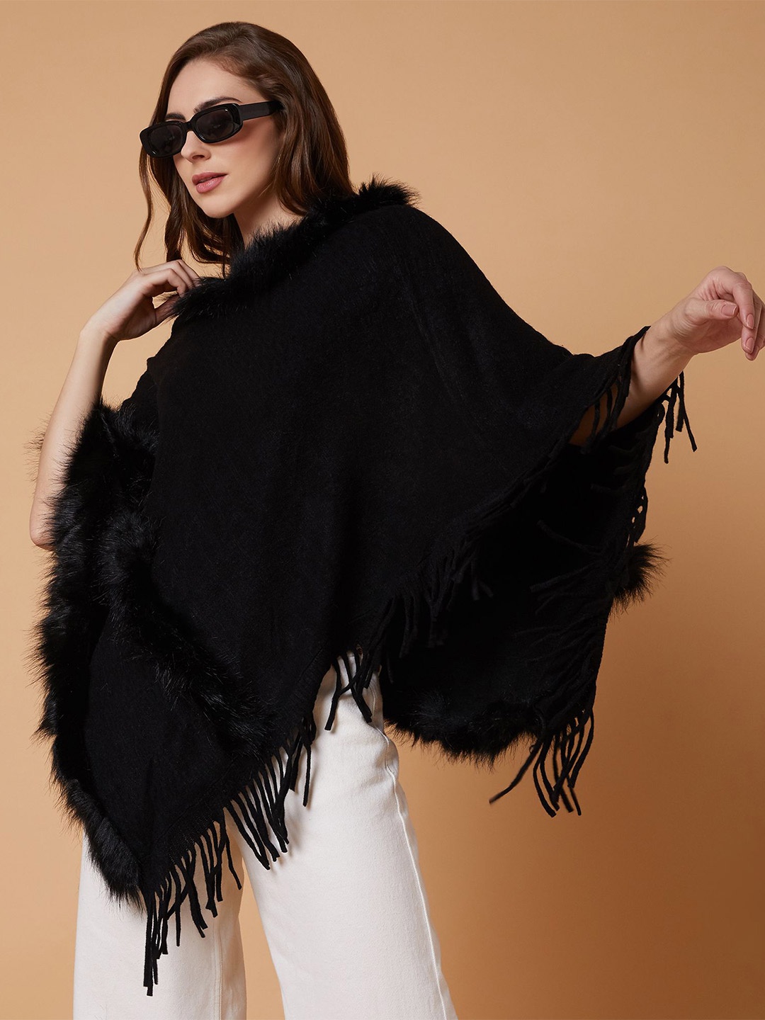 

SHOWOFF Women Longline Poncho with Fuzzy Detail, Black