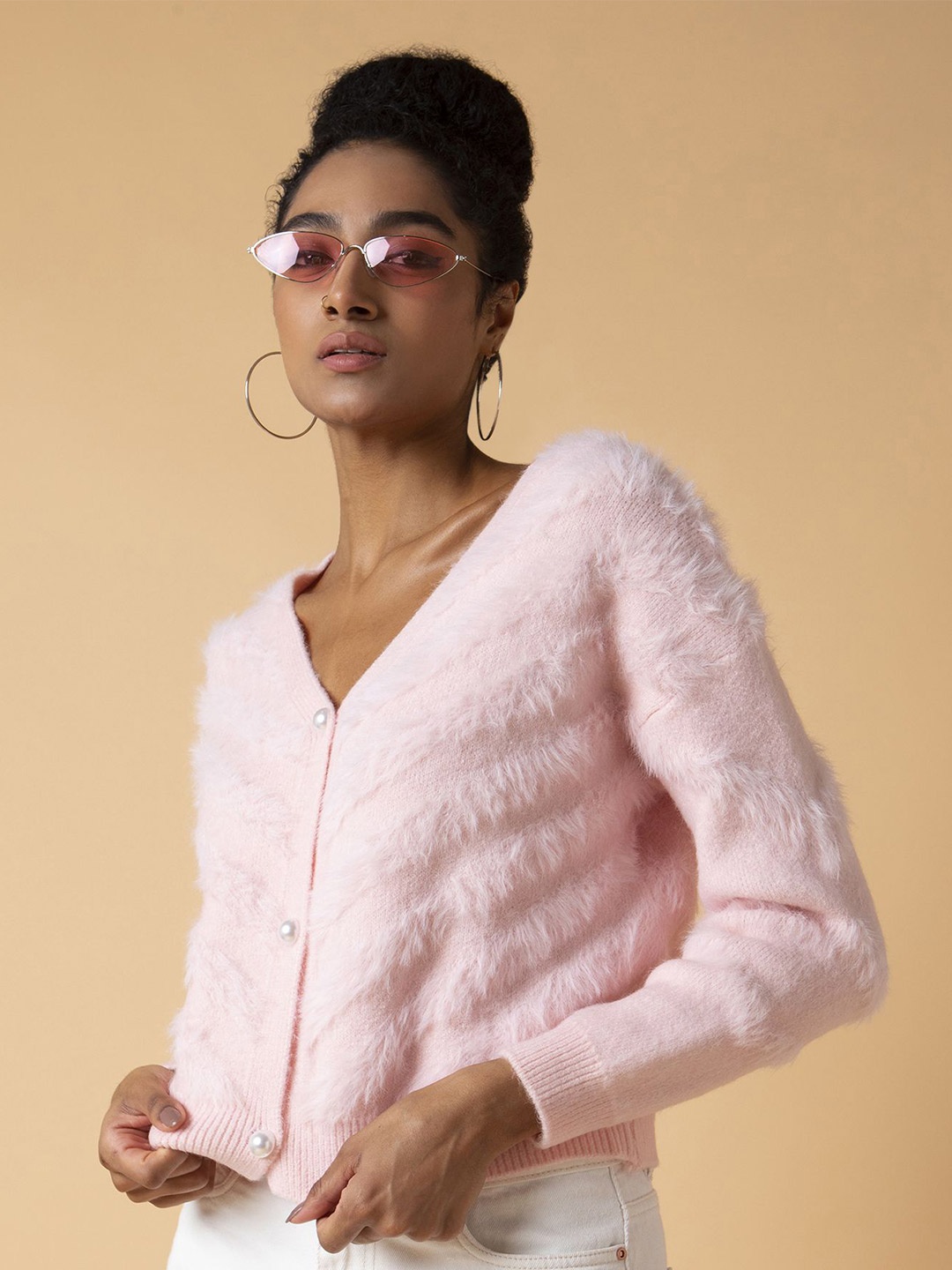 

SHOWOFF Women Cardigan with Fuzzy Detail, Pink
