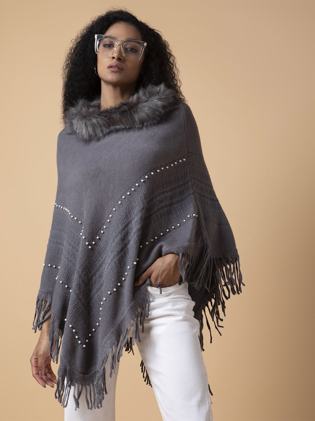 

SHOWOFF Women Longline Poncho with Embellished Detail, Grey