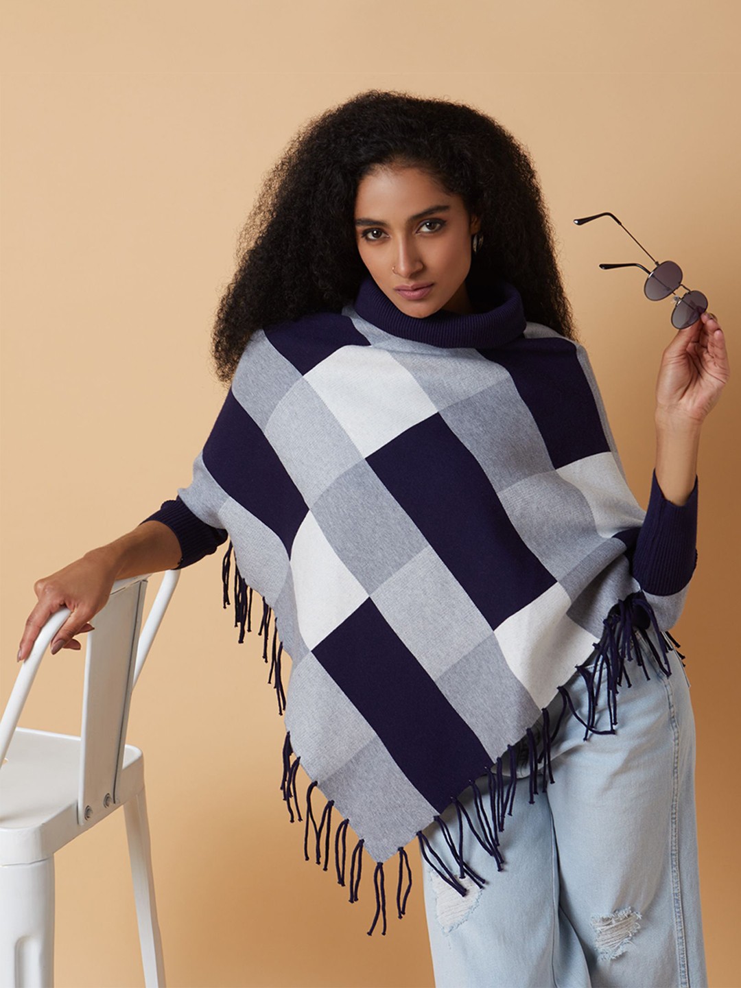 

SHOWOFF Women Checked Poncho with Fringed Detail, Navy blue