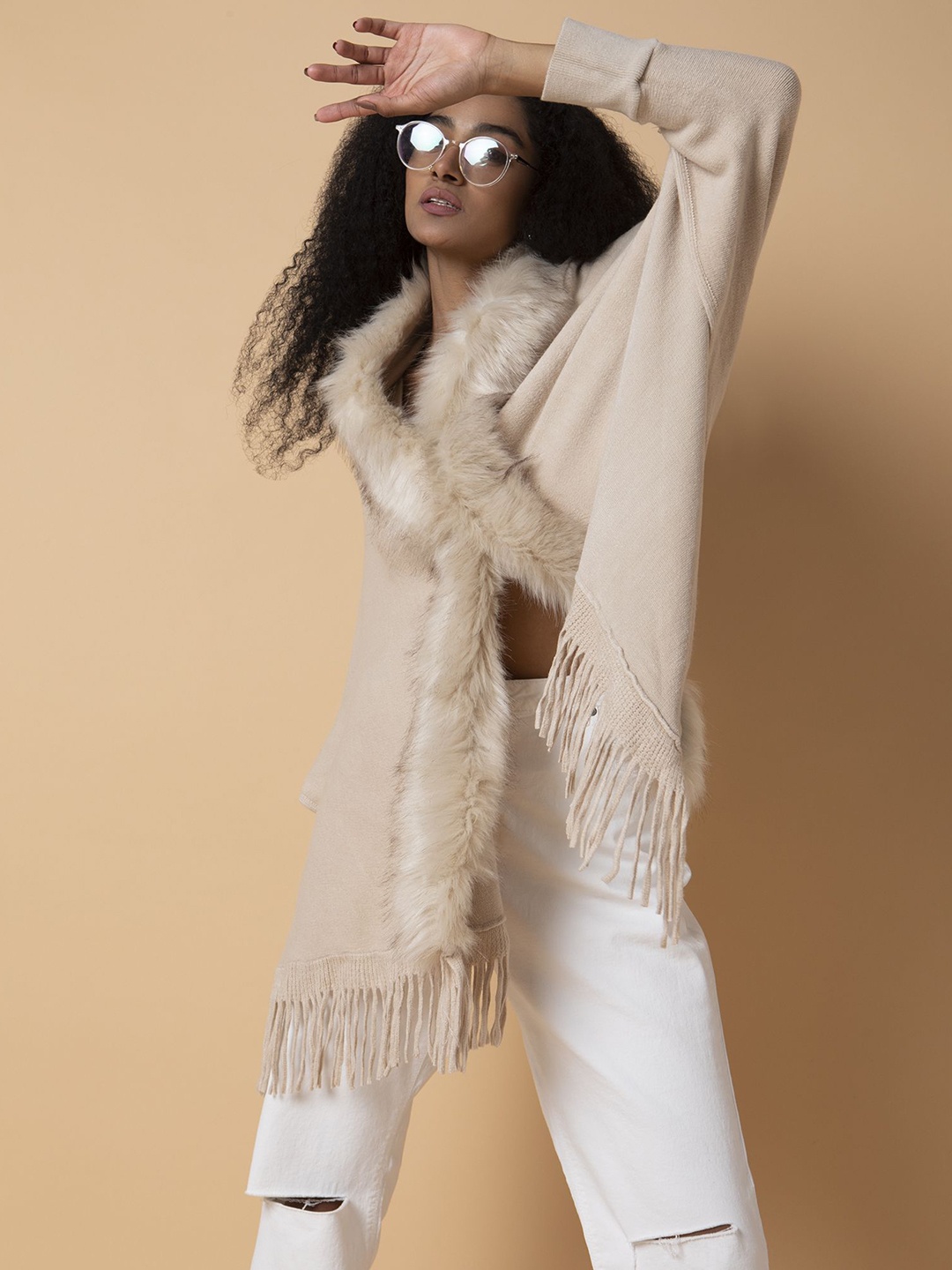 

SHOWOFF Women Longline Poncho with Fuzzy Detail, Beige