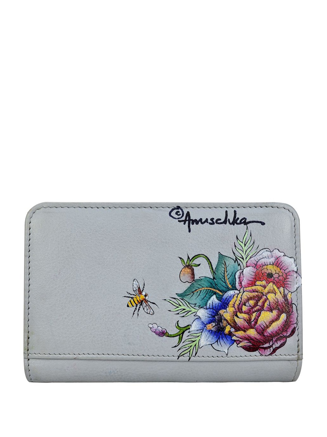 

Anuschka Women Floral Printed Leather Two Fold Wallet, Grey