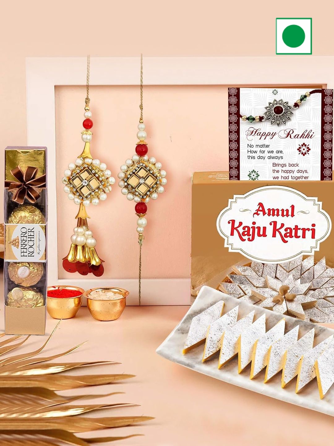 

TIED RIBBONS Set of 2 Rakhis with Kaju Katli Chocolate Gift Hamper, Brown