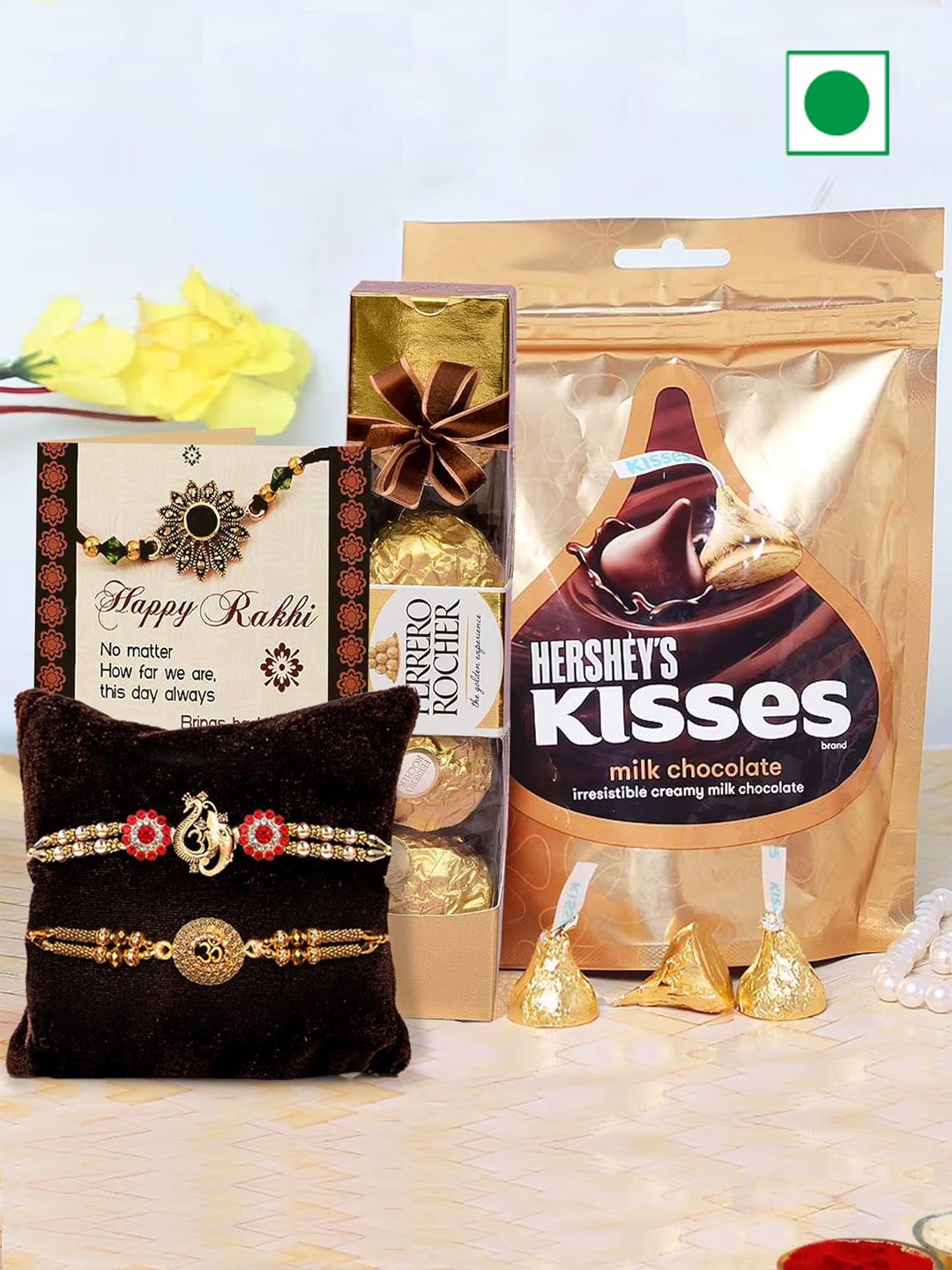 

TIED RIBBONS Boys Set Of 2 Rakhis With Chocolate & Roli Chawal with Greeting Card, Gold