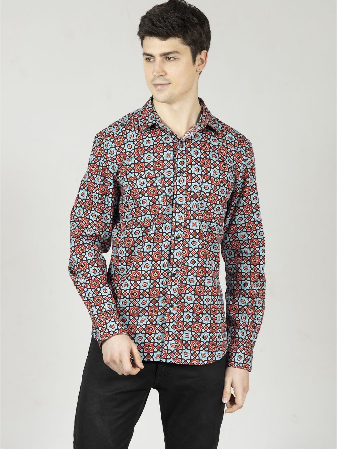 

OZMOD Men Modern Slim Fit Floral Opaque Printed Casual Shirt, Turquoise blue