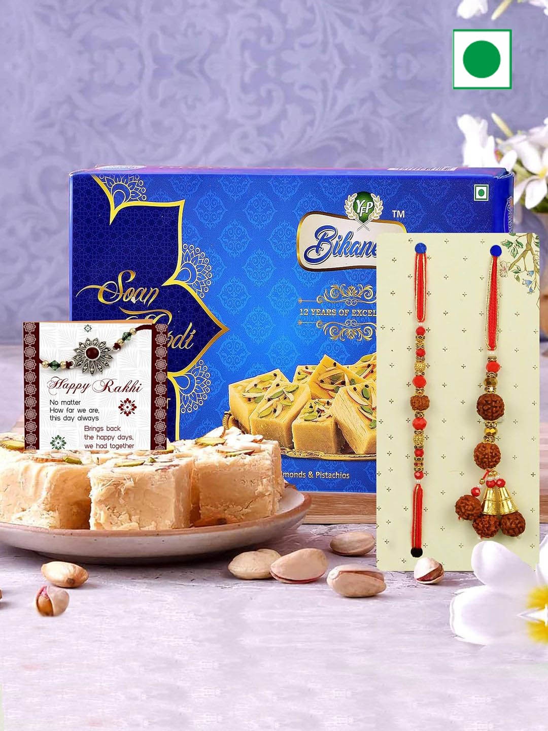 

TIED RIBBONS 2 Pcs Bhaiya Bhabhi Rakhi & Soan Papdi Gift Hamper, Blue
