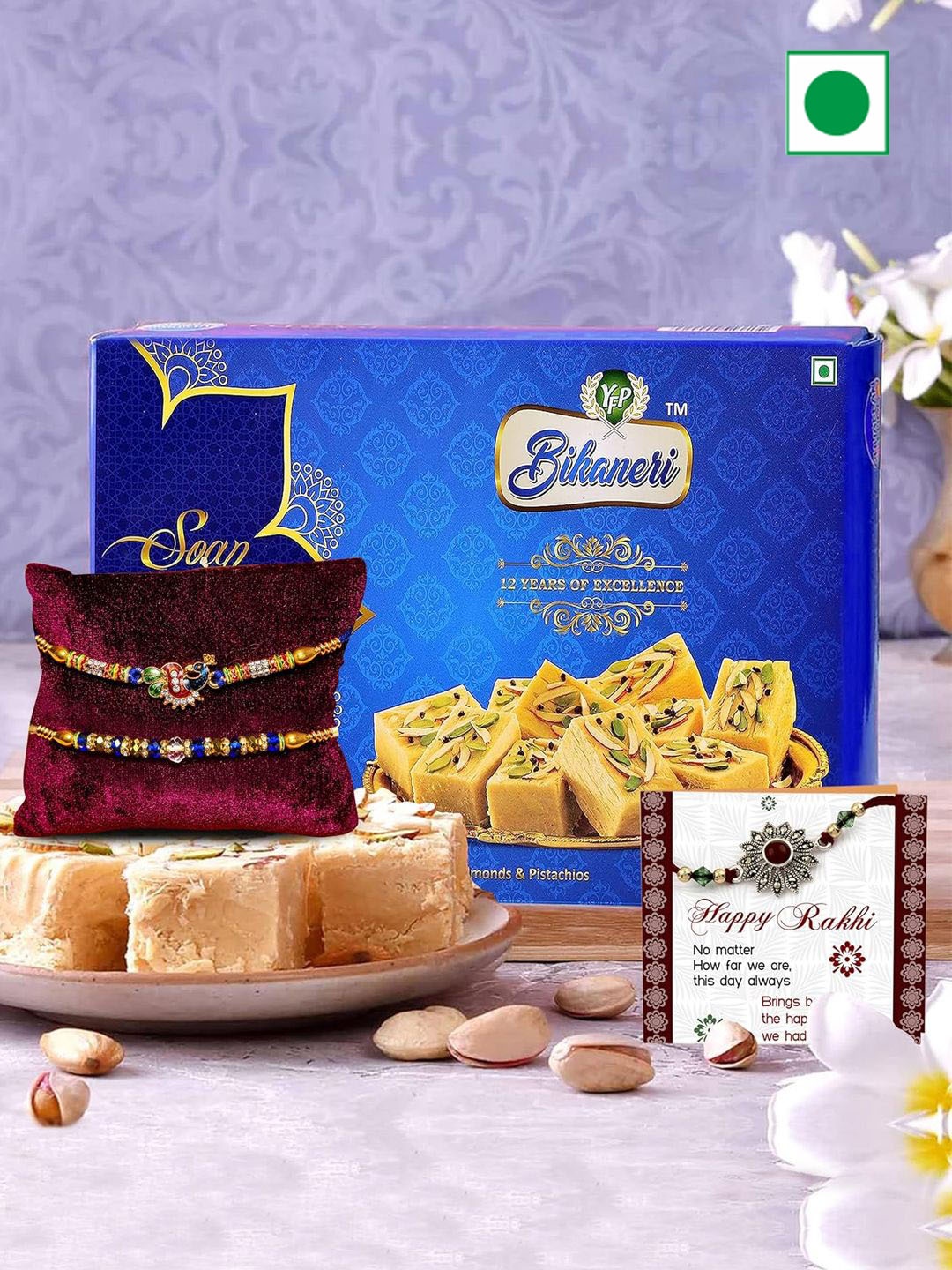 

TIED RIBBONS 2 Pcs Rakhis & Soan Papdi Sweets Combo Gift, Blue